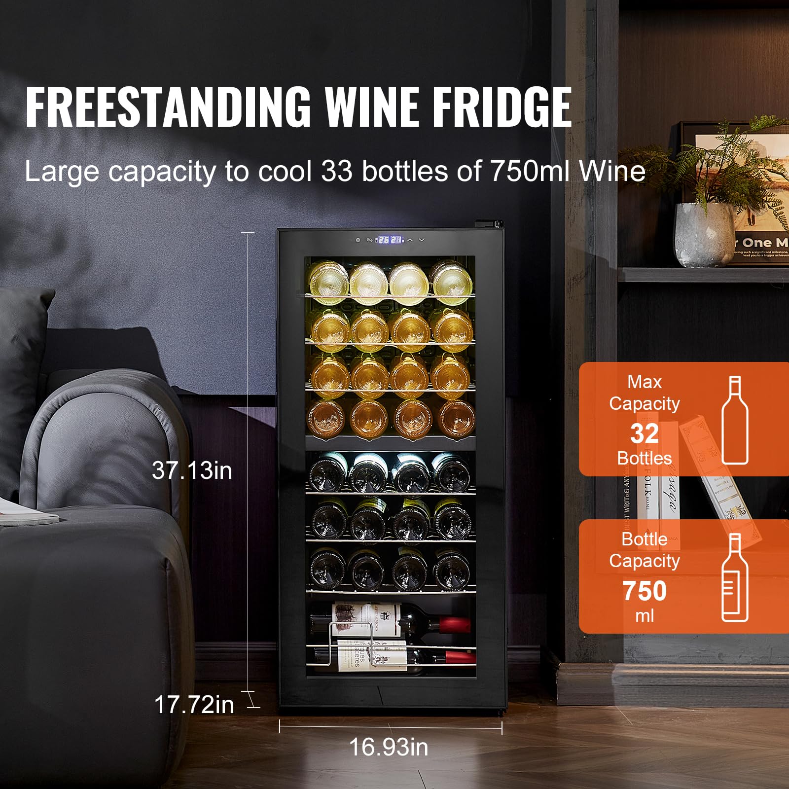 Happybuy 32-Bottle Wine Cooler - Dual Zone, Dual Temp, Freestanding, Digital Control, UV-Protected Tempered Glass Door for Home Bar