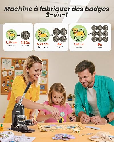 VEVOR Button Maker Machine, 32/58/75 mm 3-in-1, Plastic Pin Maker with 300pcs Button Parts, Circle Cutter and Magic Book, Reinforced Ergonomic Handle, for DIY Badges, Personalized Pins, Black - 2