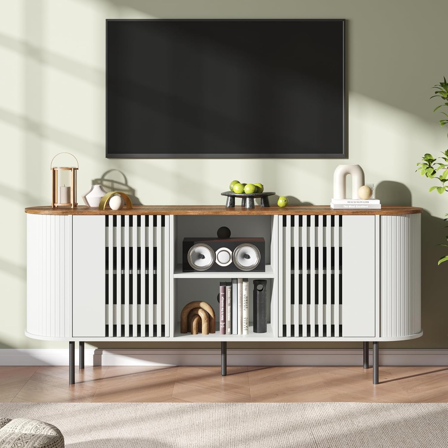 65 Inch TV Stand for TVs up to 75 Inch, Mid Century Modern Entertainment Center with Storage and Adjustable Shelves, Curved Profile Design,Media Console with Cable Management for Living Room, White