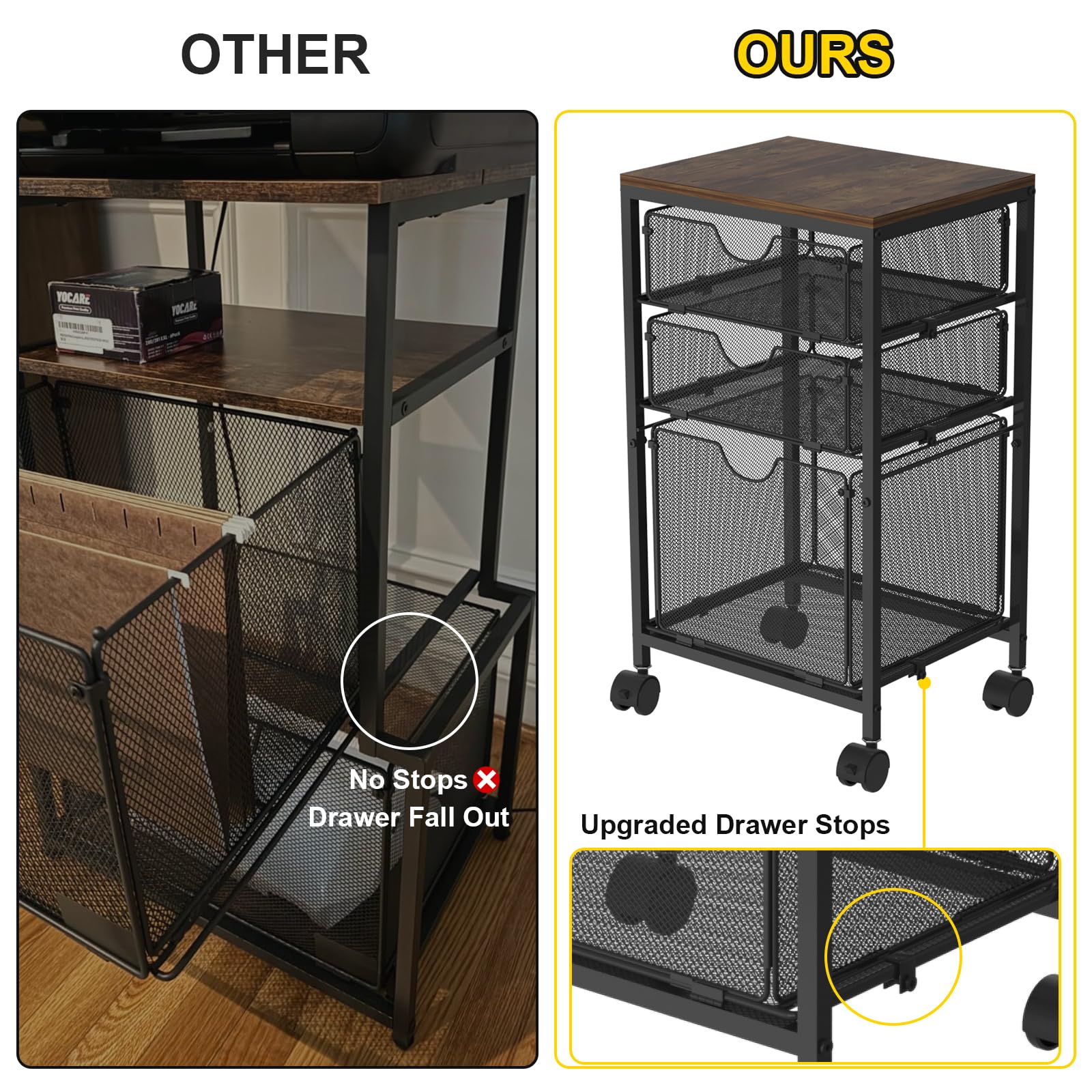 BOHDK Carrito de archivos rodante, carrito de archivos para almacenamiento debajo del escritorio, archivador móvil de madera y malla con 3 cajones deslizantes, para A4, carpetas de archivos colgantes