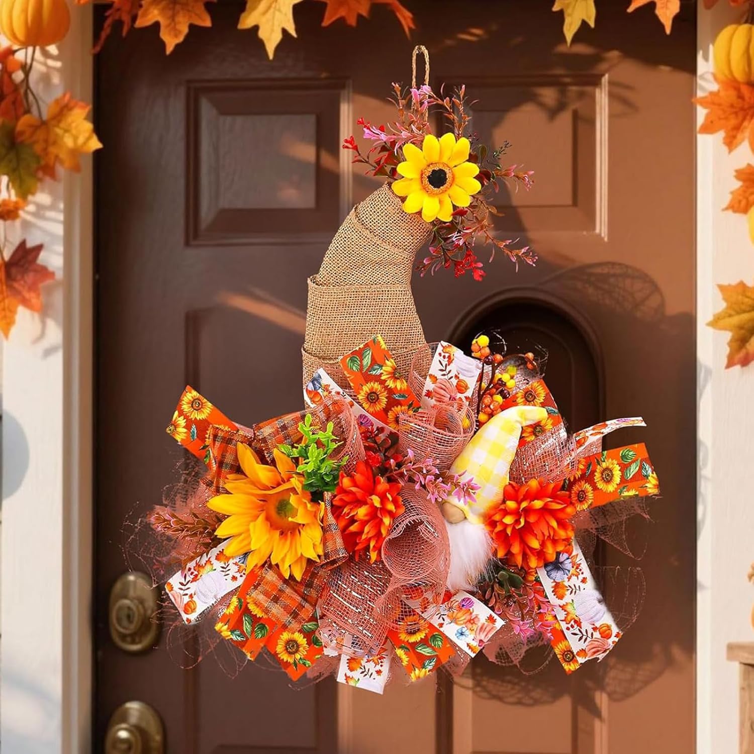 Autumn Wreaths for Front Door, Fall Gnome Wreath, Autumn Door Wreath Gnome, 45 CM Artificial Door Wreath for Halloween Thanksgiving Harvest Farmhouse