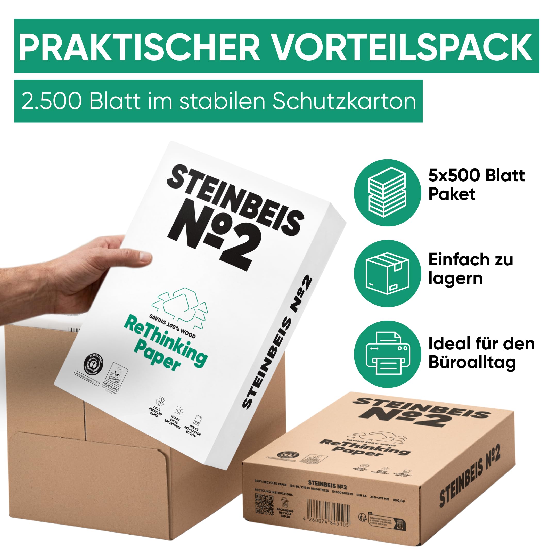 Steinbeis No. 2 Druckerpapier – 2500 (5 x 500) Blatt DIN A3 Recycling-Papier 80 g/m², Weiß & Chlorfrei, hochwertiges Kopierpapier ISO 80 / CIE 85