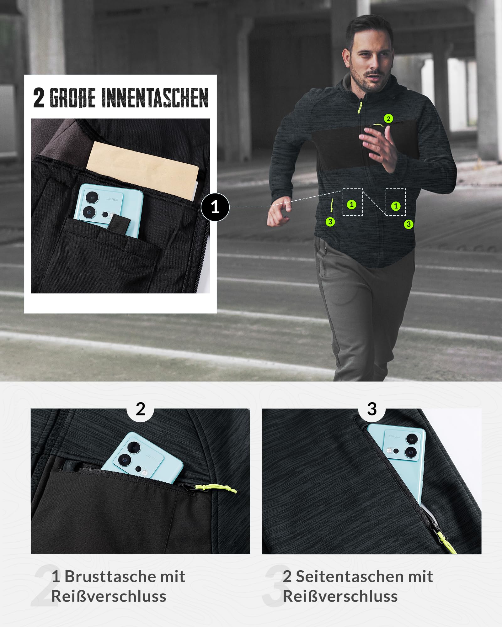 Scheibler Herren Leichte Sportjacke Stehkragen Hooded Jacket Kapuzenjacke Männer Sweatjacke Warm Übergangsjacke Outdoor Arbeitsjacke für Wandern Laufen Freizeit