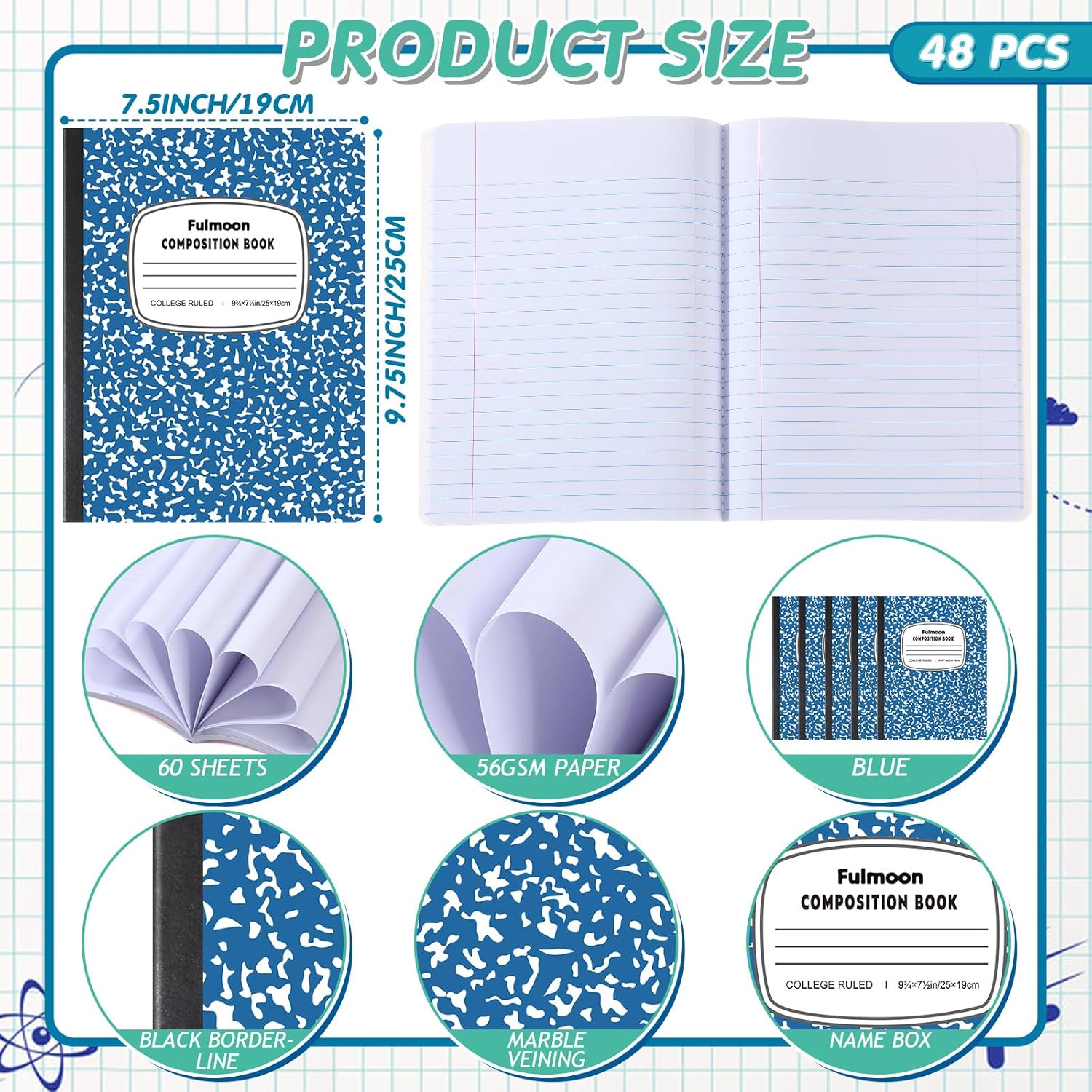 Fulmoon 48 Pcs Composition Notebook College Ruled Hard Cover Notebook 60 Sheets/120 Pages for School College Journal Writing Programs Art Recipes 9.75 x 7.5 Inch, Blue