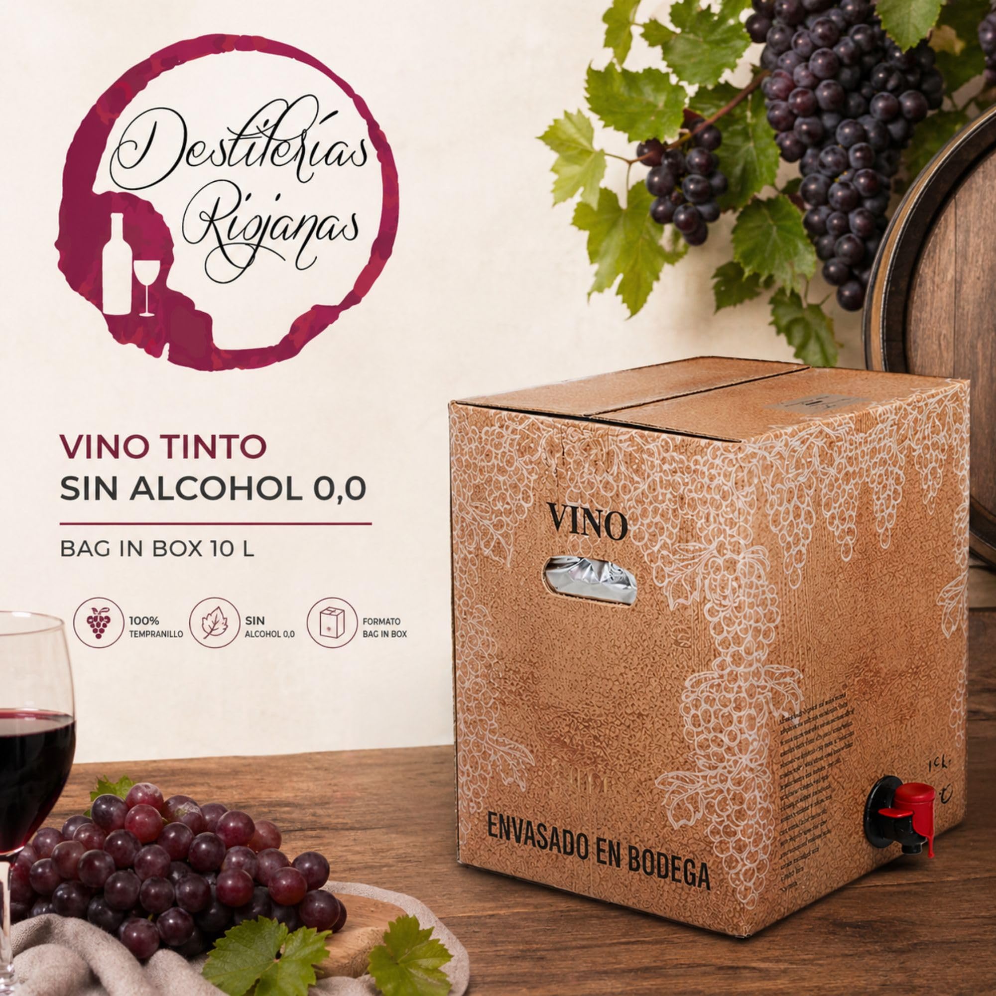 Vino Sin Alcohol Tinto 10L - Bag In Box Vino Tinto. Vino Sin Alcohol 0,0 Vino Desalcoholizado, Saludable, con Antioxidantes y Todo el Sabor a Vino