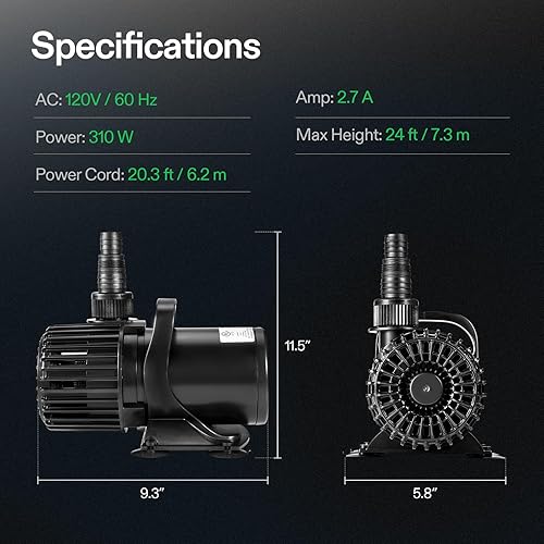 Miniatura 7 de VIVOSUN - Bomba de agua sumergible de 5300 GPH, 310 W, bomba ultra silenciosa con cable de alimentación de 20.3 pies, elevación alta para estanque,