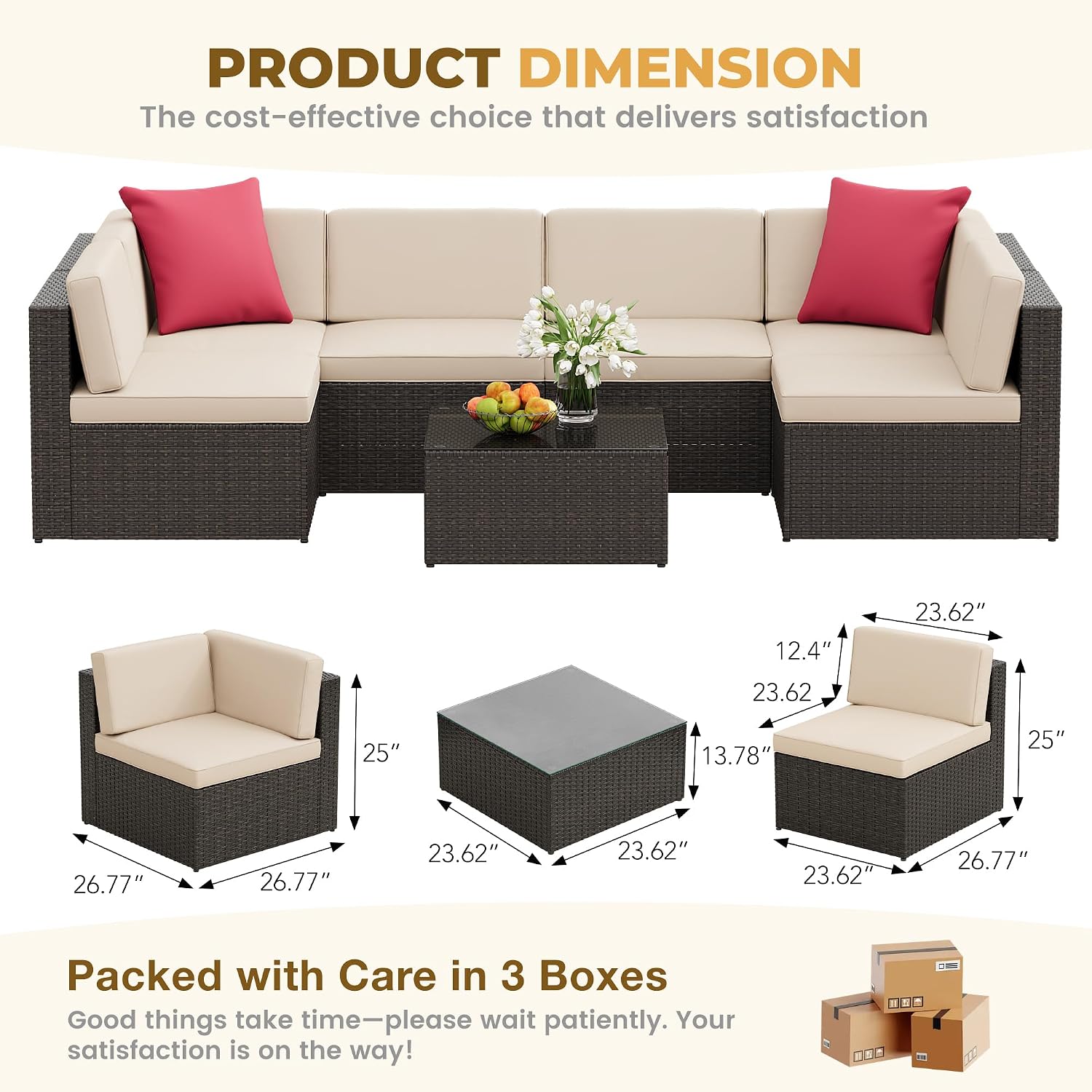 JUMMICO 7 Piece Patio Furniture Sets Outdoor Patio Conversation Sectional Set with PE Rattan Wicker Sofas & Glass Coffee Table All-Weather Porch Furniture for Garden, Backyard, Poolside