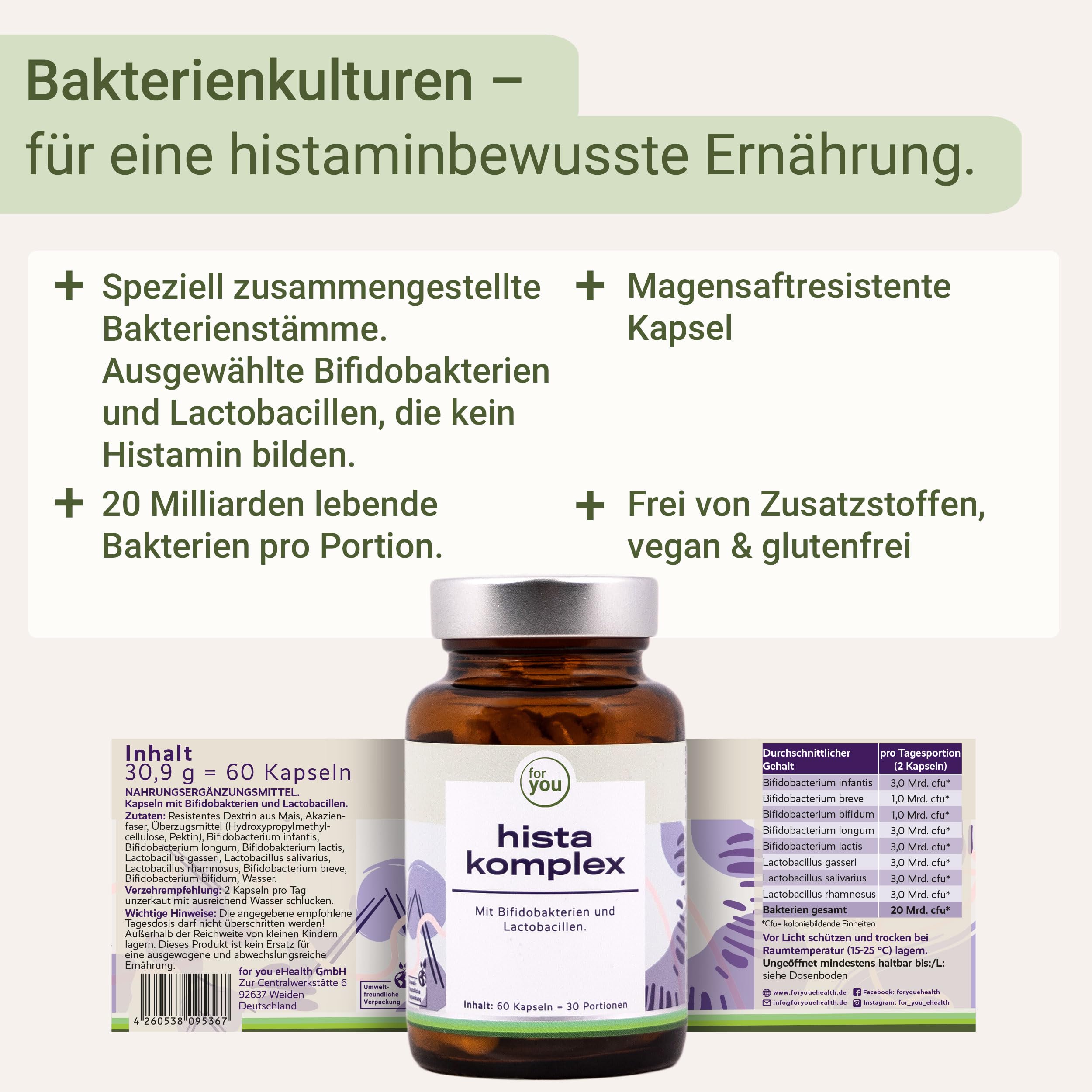 for you hista komplex - Speziell entwickelt für Menschen mit Histaminintoleranz - mit Bifidobakterien und Lactobacillen - 20 Milliarden Bakterien pro Portion Plus Ballaststoffe - 60 Kapseln