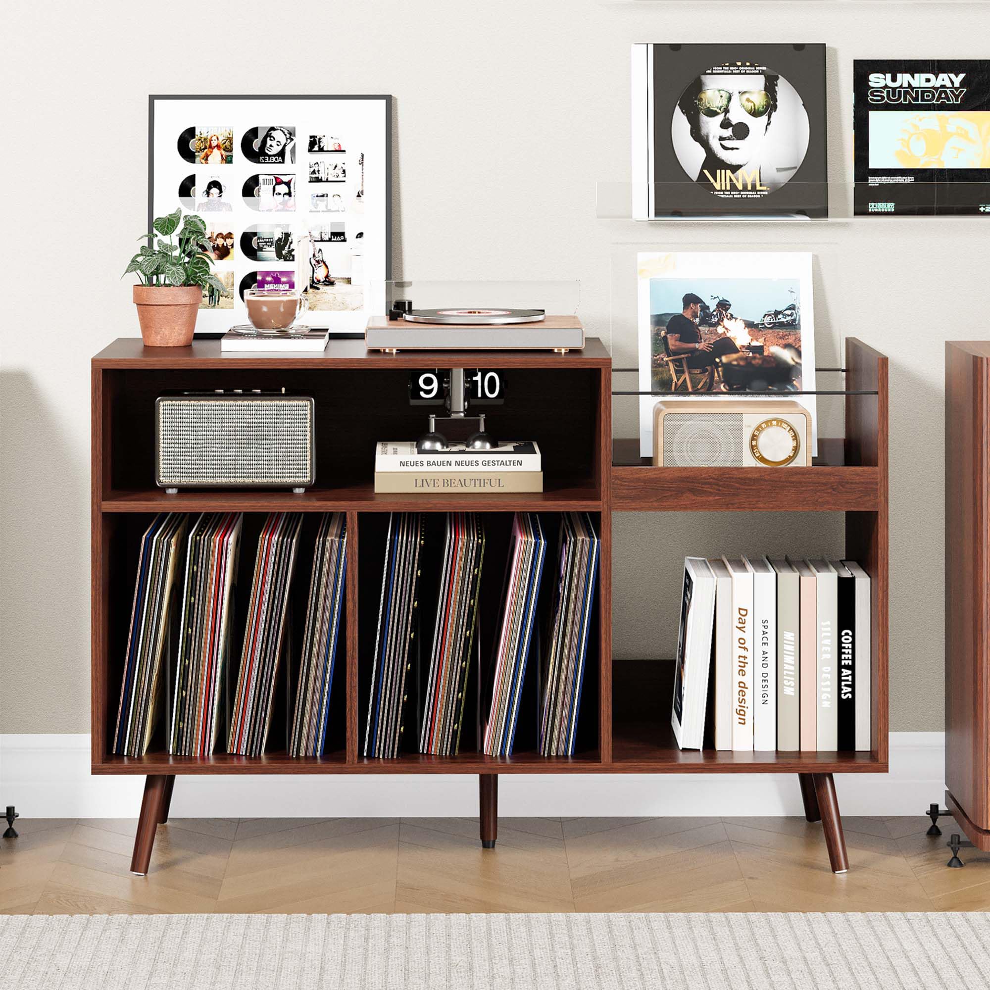 RARZOE Grande supporto per giradischi, espositore per dischi in vinile metà secolo, supporto per giradischi con contenitore, supporto per giradischi fino a 350 album, armadietto per dischi in vinile
