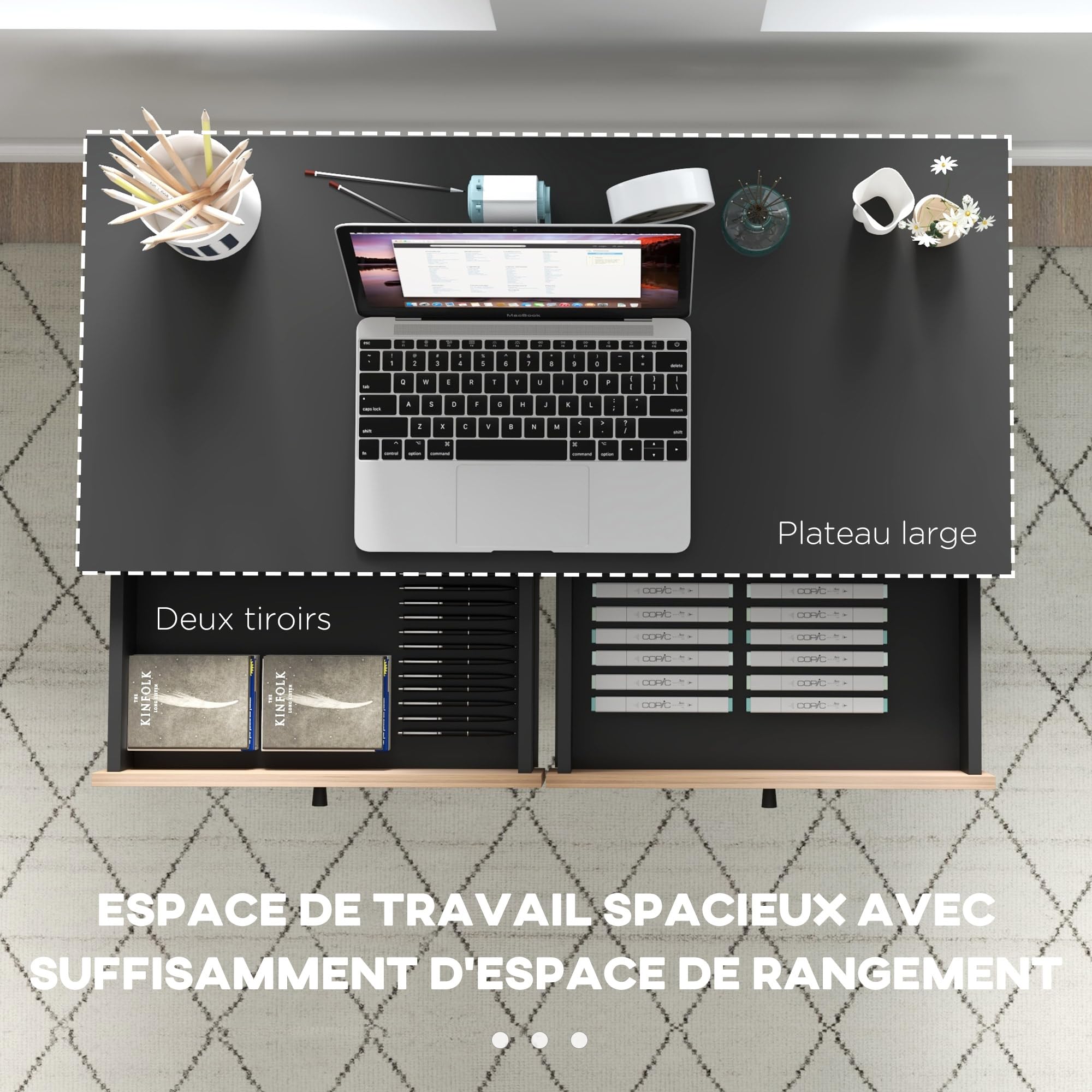 HOMCOM Escritorio con almacenaje Escritorio con cajones Mesa de Ordenador, Estructura metálica, 106L x 50W x 77H cm Negro