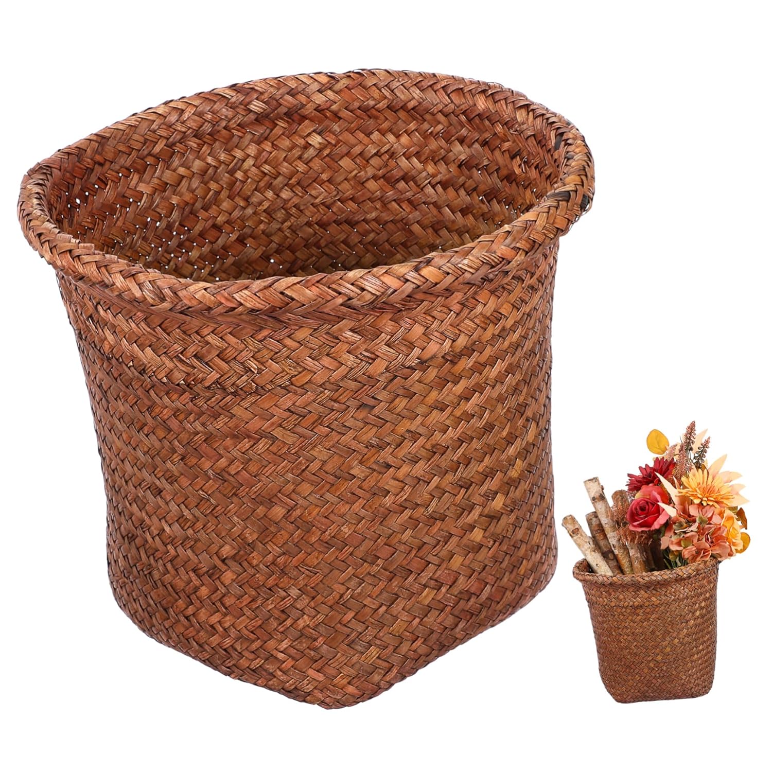 1Pc Natural Straw Woven Wastebasket with Smooth Edges Open Top Design for Office and Home Trash Paper Storage Bin Handwoven Storage Basket for Bedroom and Living Organization