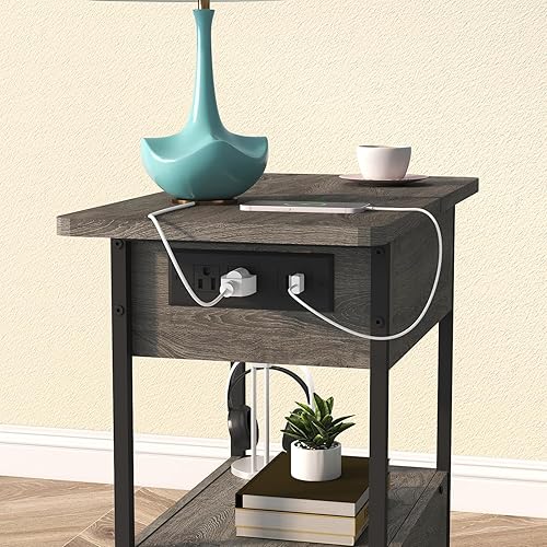 Miniatura 5 de SOOWERY Mesa auxiliar con estación de carga, mesa auxiliar estrecha con armario abatible y cajón de tela, mesitas de noche para espacios pequeños,