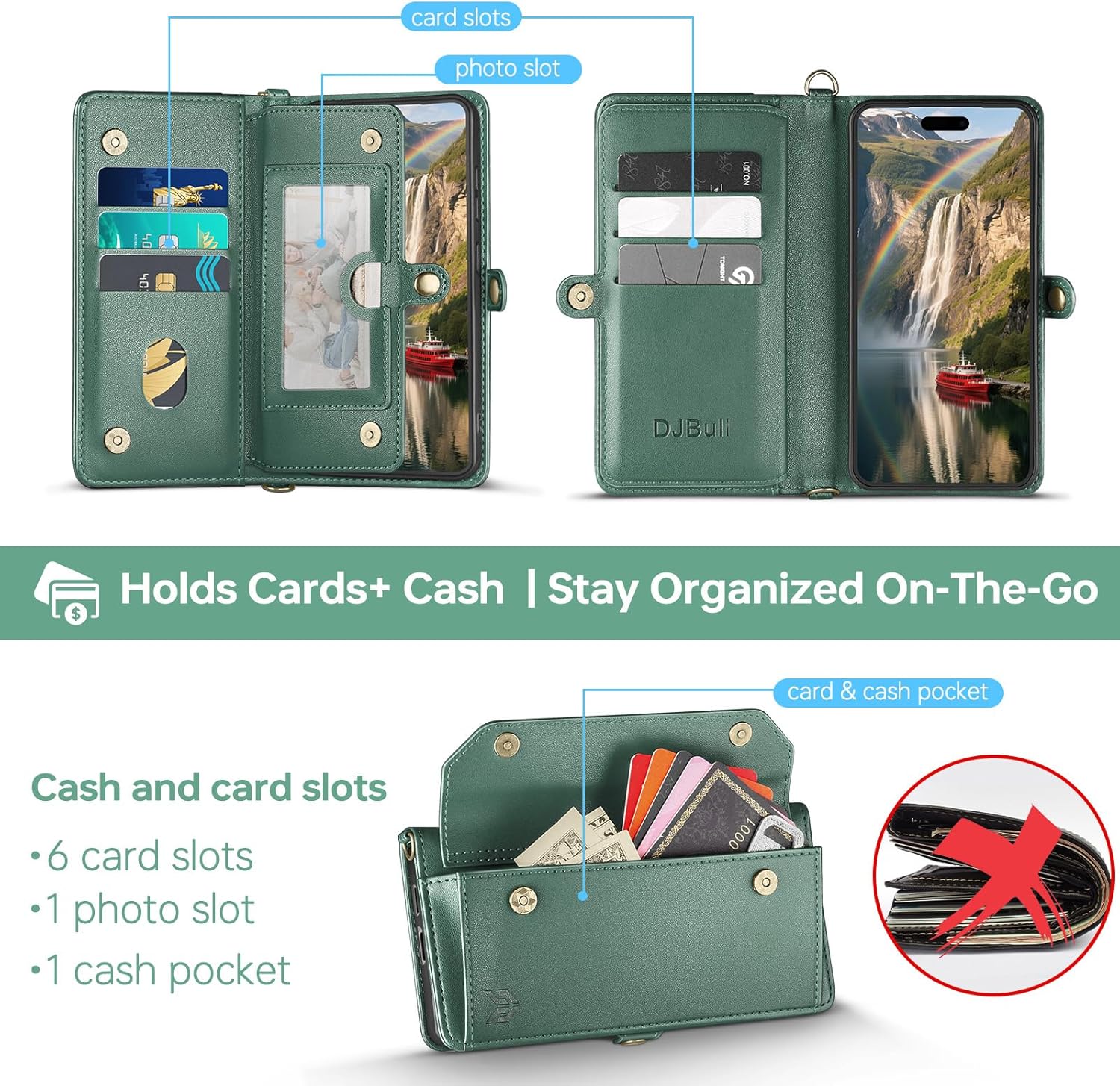 DJBull for iPhone 17 6.3" Wallet Case with Card Holder, Shoulder and Wristlet Straps, Soft PU Leather, Magnetic Snap, Flip Phone Case for Women Men for Apple 17 Green