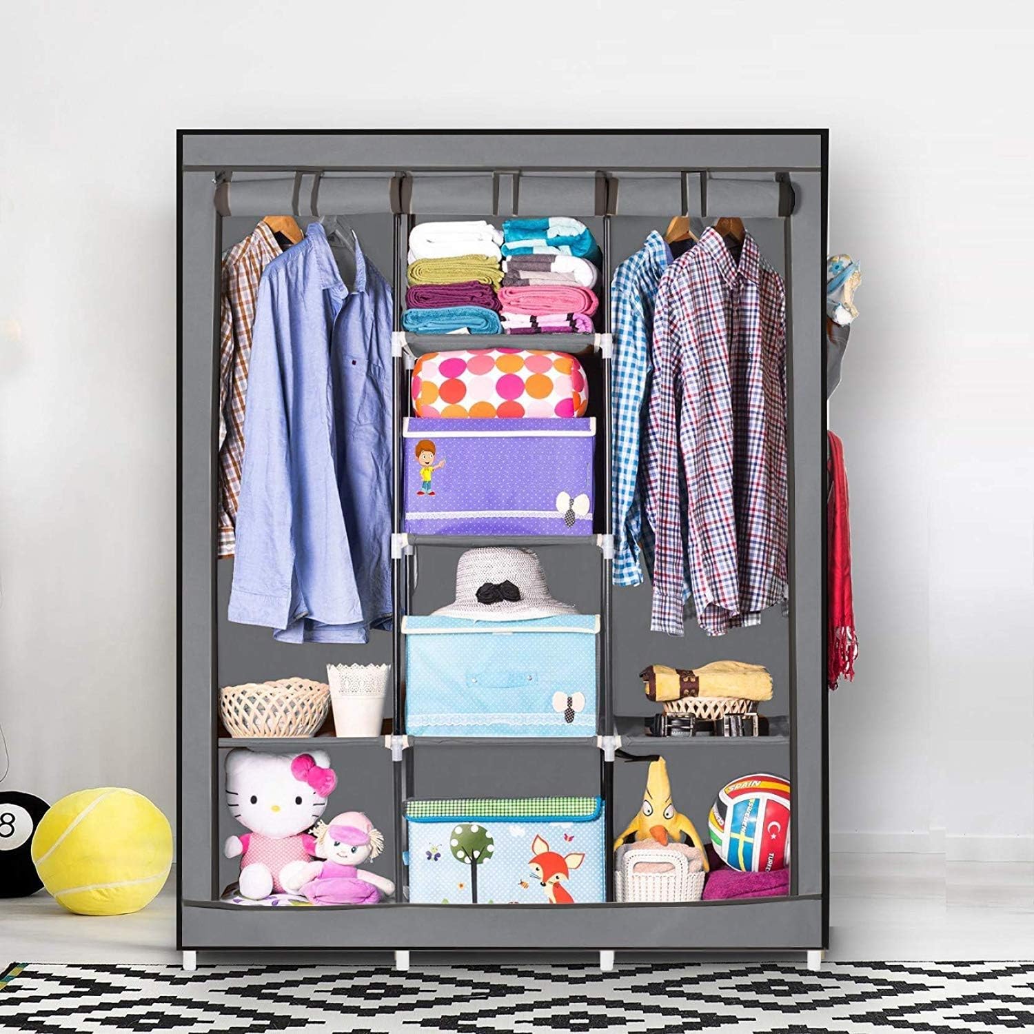VipAsh Advance 6+2 Shelves Portable Collapsible Wardrobe for Storage Cloth and Gift Item,Special for Hostel Boys and Girl and Using Household Used and Accessories Standard Color (Grey)