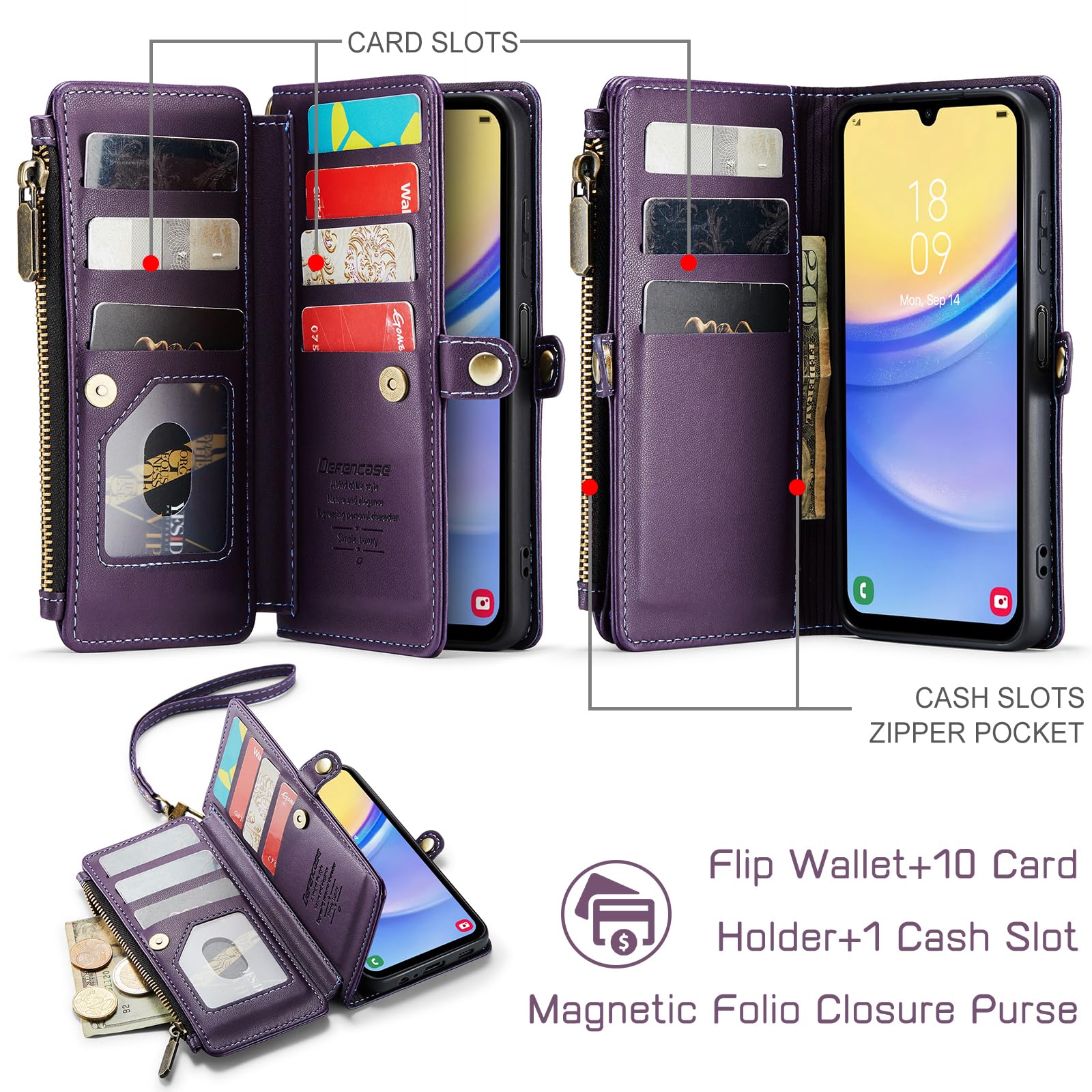 Defencase for Samsung Galaxy A15 5G Case, RFID Blocking for Samsung A15 5G Case Wallet with Card Holder for Women, Fashion PU Leather Magnetic Flip Zipper Strap Phone Case for Galaxy A15 5G, Purple