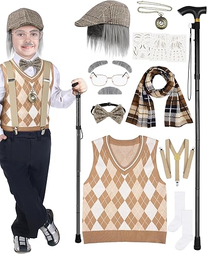 SOMSOC Juego de 15 piezas de disfraz de abuelo de 100 días de escuela para niños, disfraz de anciano, juego de abuelo, fiesta de cosplay escolar