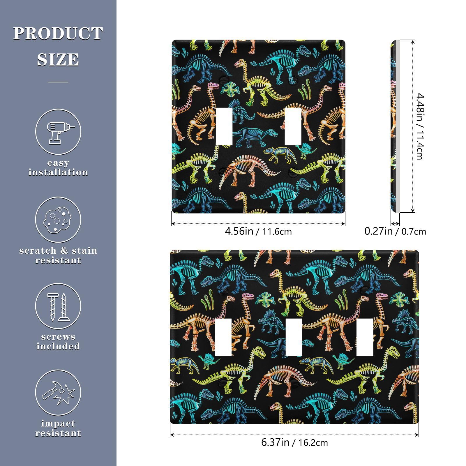 Light Switch Cover Cute Dinosaur Dino Skull Wall Plates for Electrical Outlets 3 Gang 202b5366