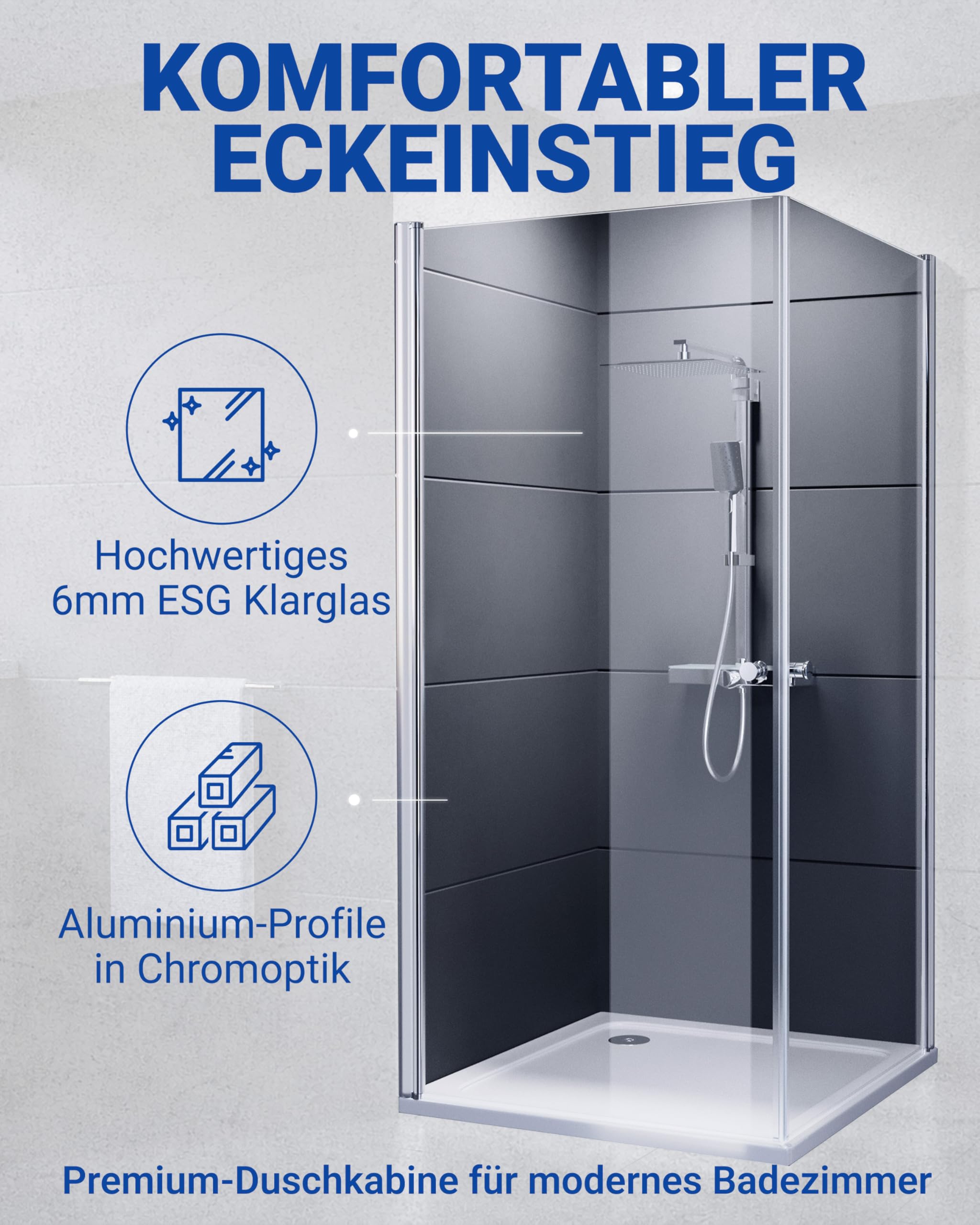 DUSCHMEISTER Glas-Duschkabine 75x75cm Chrom – Eckdusche Eckeinstieg Drehtür, 6mm ESG Sicherheitsglas mit Nano-Clean Beschichtung, Hebe-Senk-Mechanismus, verschiedene Größen