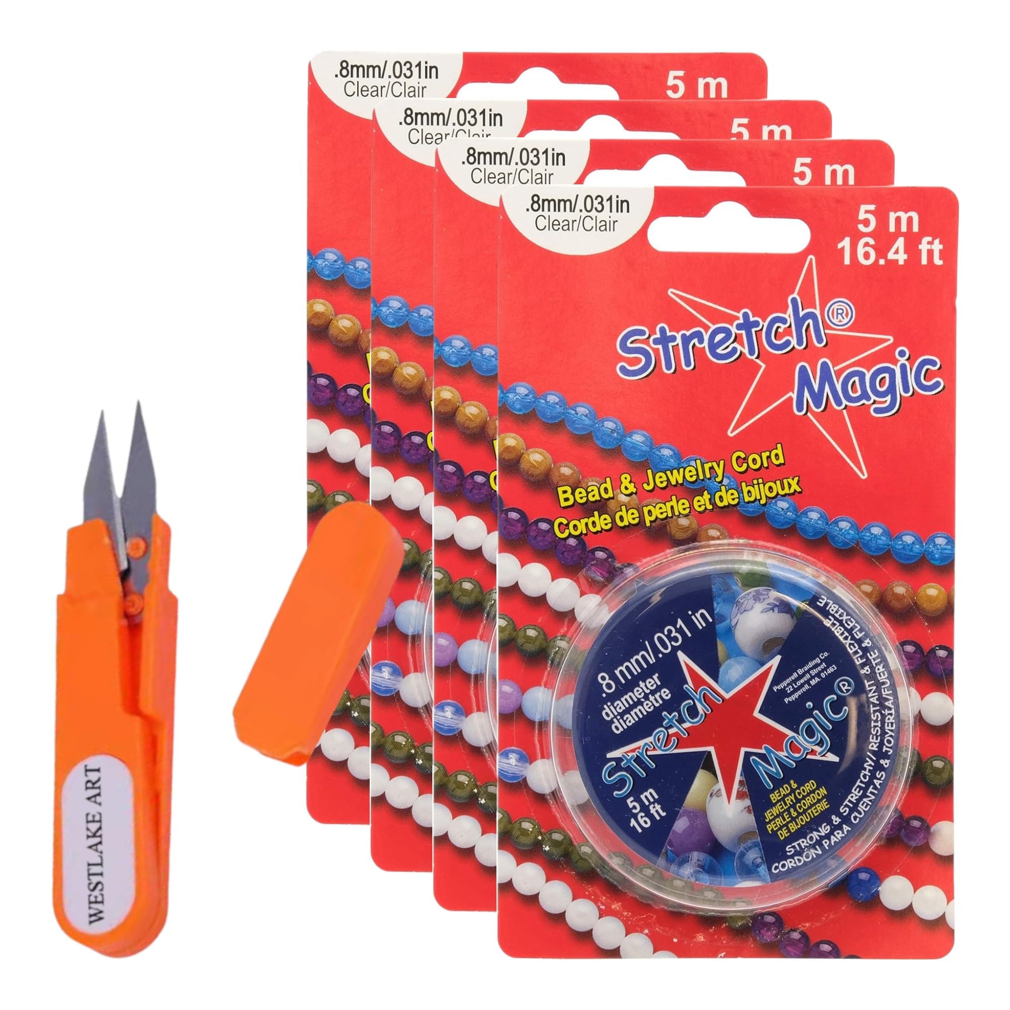 westlake artStretch Magic Bundle of Thread Cutter & Embroidery Scissor - 11c, and Pepperell Stretch 0.8mm Magic Bead and Jewelry Cord, 5m, Clear (SME-501) (Pack of 4)