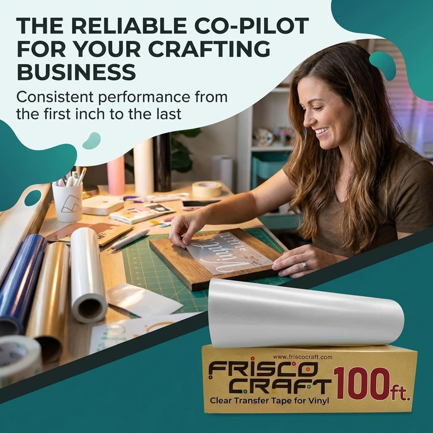 Frisco Craft C-370 Clear Transfer Tape for Vinyl 24" x 100 Feet | Clear Lay Flat | Application Tape Perfect for Self Adhesive for Signs Stickers Decals - Compatible with Cricut Vinyl Cutters