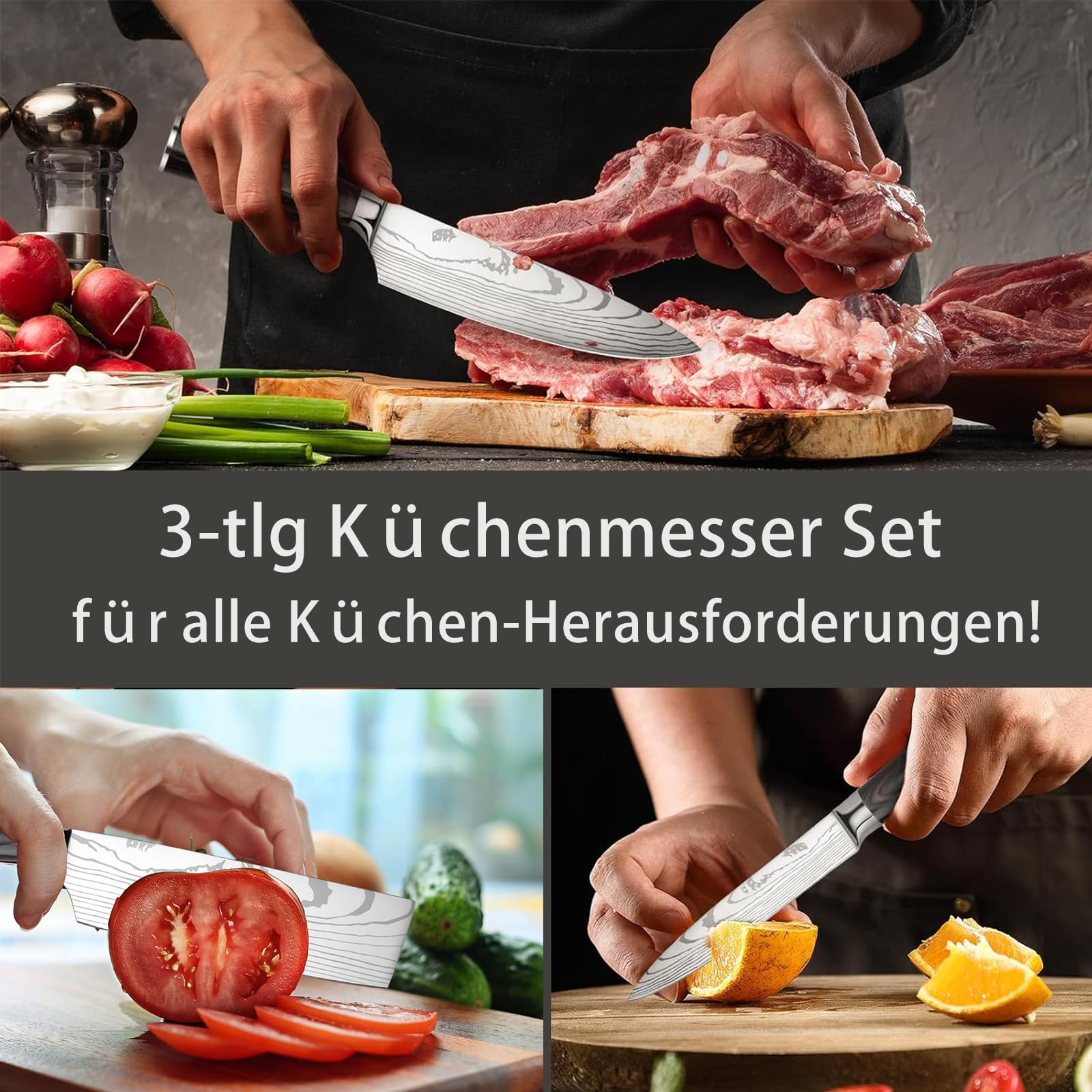 Messerset 3-tlg Küchenmesser Set aus Hochwertigem Carbon Edelstahl, Profi Messer Set mit Chefmesser Hackmesser Allzweckmesser, Präzises Schneiden – Geschenk für Kochbegeisterte – Geschenkverpackung