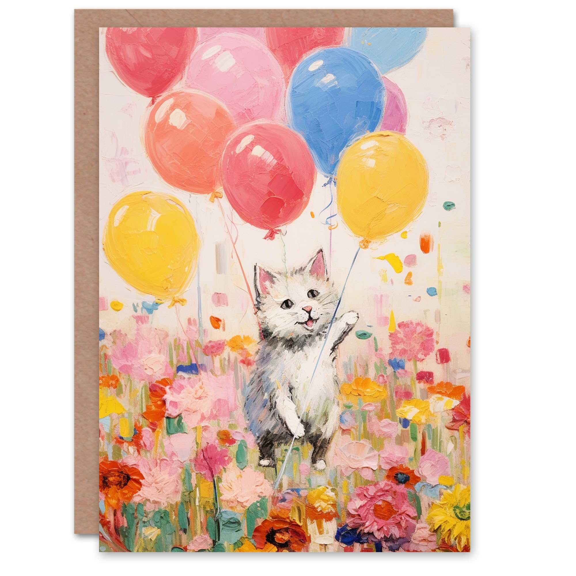 Artery8 Birthday Greeting Card Flowers Kitty Cat Kids Balloons Child