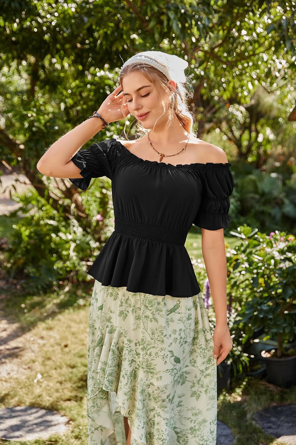 SCARLET DARKNESS Renaissance Pirate Shirt Women Summer Off Shoulder Tops Short Sleeve Peplum Peasant Blouses - Image 3
