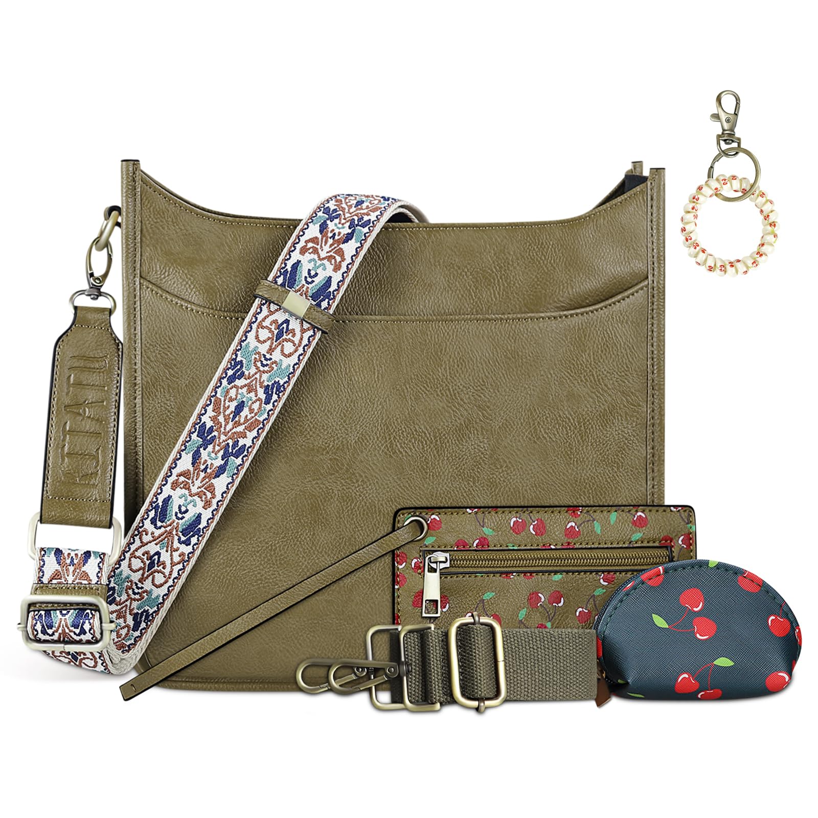 KITATU Vegan Leather Crossbody Bags for Women Hobo Shoulder Handbag with 2 Adjustable Guitar Straps 3Pcs Purse and Wallet Set