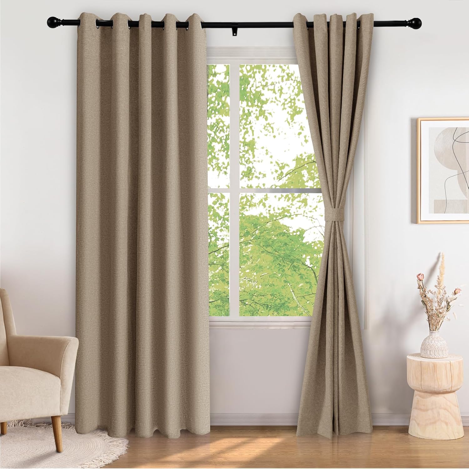 Frelement Full Light Blocking Room Separating Divider Linen Curtains with Tiebacks, Privacy Partition Separator Drapes, Grommet Top Curtain for Doorway 1 Panel, 100" Wx102L, Taupe