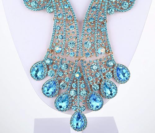 Miniatura 8 de Janefashions Peacock Feather Teal Austrian Rhinestone Crystal Statement Collar Pendientes Set Gargantilla Show Beauty Queen N820t, Cristal