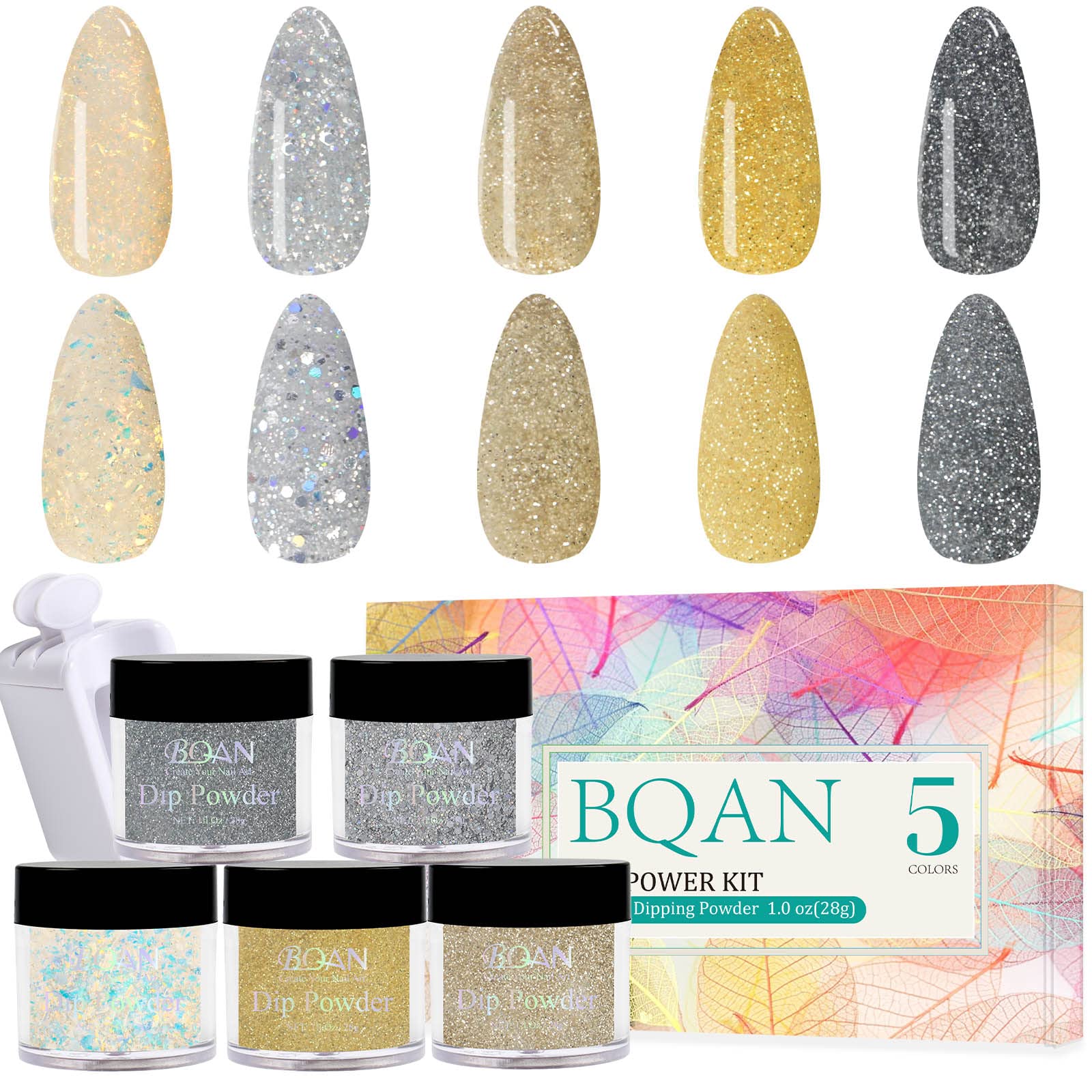 BQAN Nail Dip Powder Set(5PCS*1Oz), 5 Colors Classic Black Silver Gold Glitter Tones Dipping Powder Nail Kit with Dip Powder Tray, for French Nail Art Manicure DIY Salon Home, No Need Nail Lamp Cured