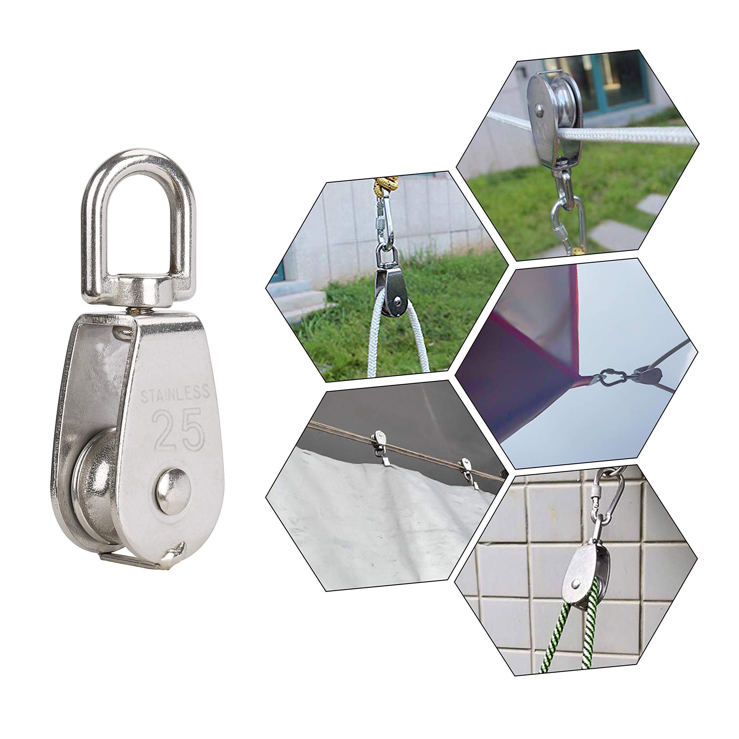Adicase 6-teiliges Umlenkrollen-Set M25 – Edelstahl 304 Mit 2 Karabiner M7 & 2 Augplatten M6, Traglast 150/180 Kg, Inkl. Schrauben & Dübel – Für Seile Und Aufhängungen