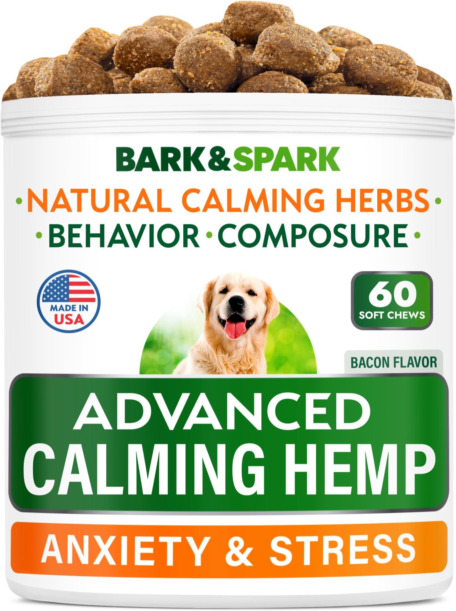 BARK&SPARK Advanced Calming Chews for Dogs - Hemp Chew + Melatonin - Anxiety Relief - Sleep Aid - Relaxing Treats - Stress Relief During Fireworks, Storms, Thunder, Barking - Made in USA - BBQ - 60Ct