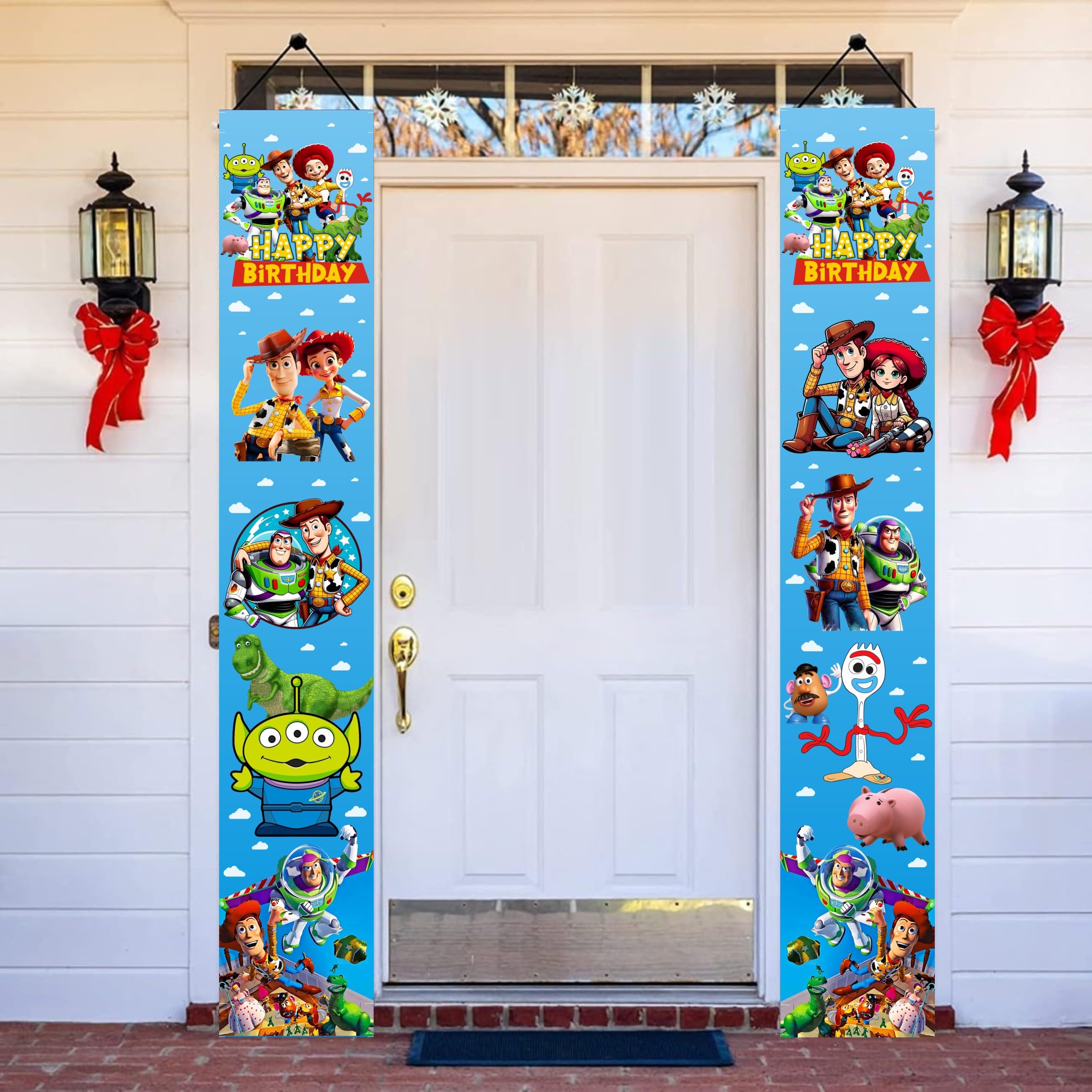 2Pcs Cartoon for Toy Inspired Story Birthday Porch Sign Door Hanging Banner Cartoon Birthday Party Supplies for Wall Decorations.