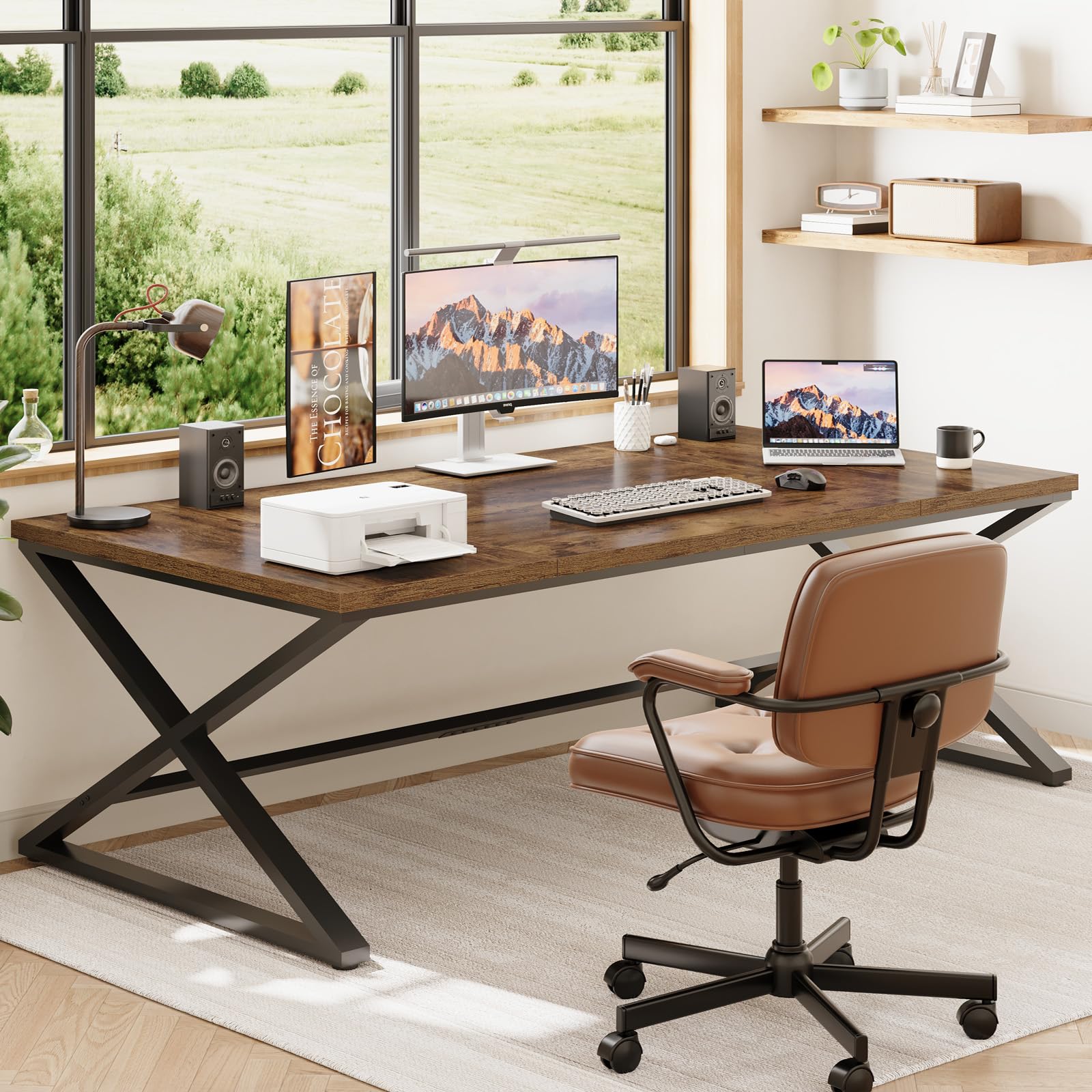IBF 200 cm Schreibtisch Groß X Bein PC Tisch Computer Desk Rustikal Eiche | PC Gaming Büro Homeoffice Arbeitszimmer Schreibtisch Computertisch Bürotisch groß aus Holz Eiche