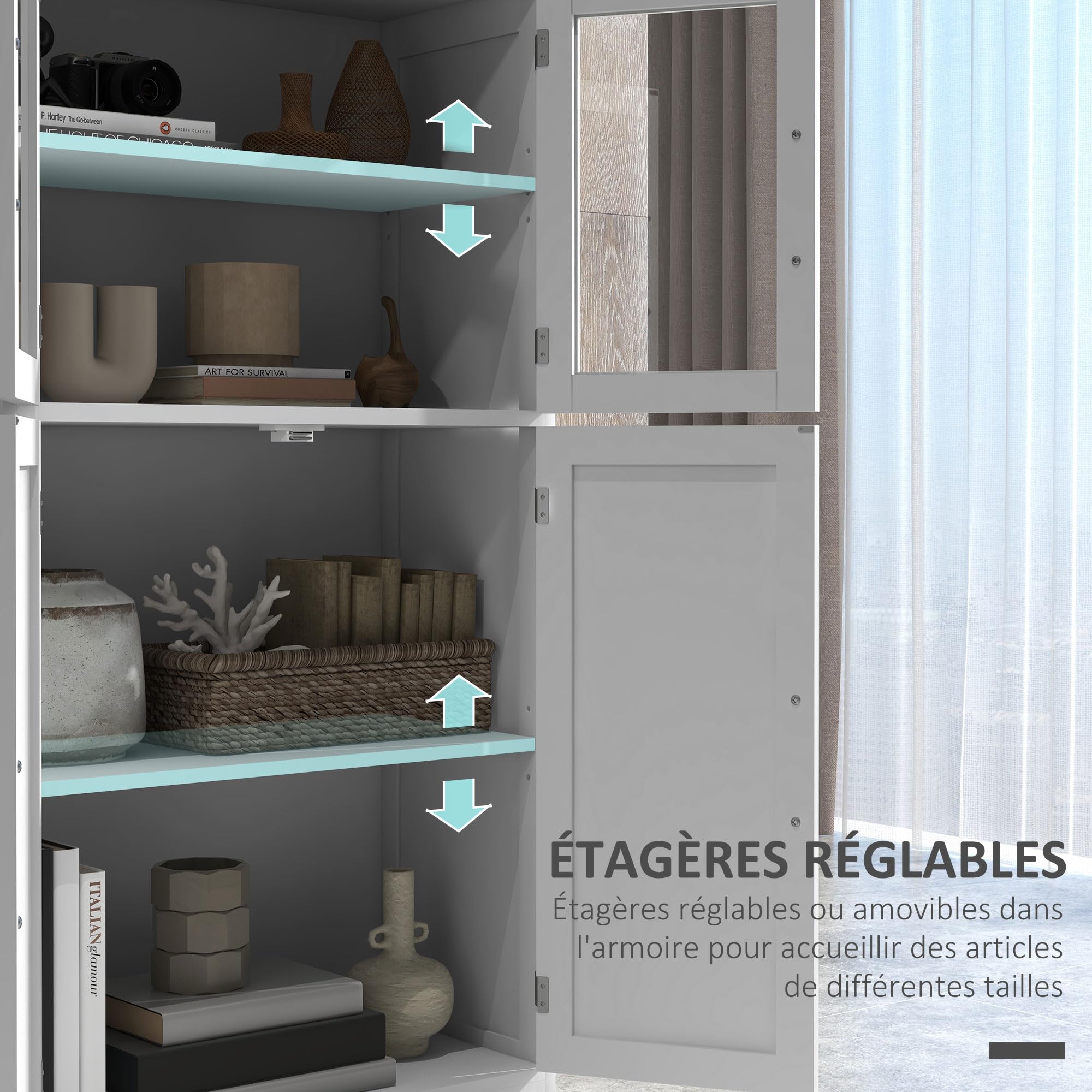 HOMCOM Buffet de Cuisine Armoire de Cuisine contemporaine Multi-rangements 2 placards, Portes en Verre, 4 étagères en Bois Blanc