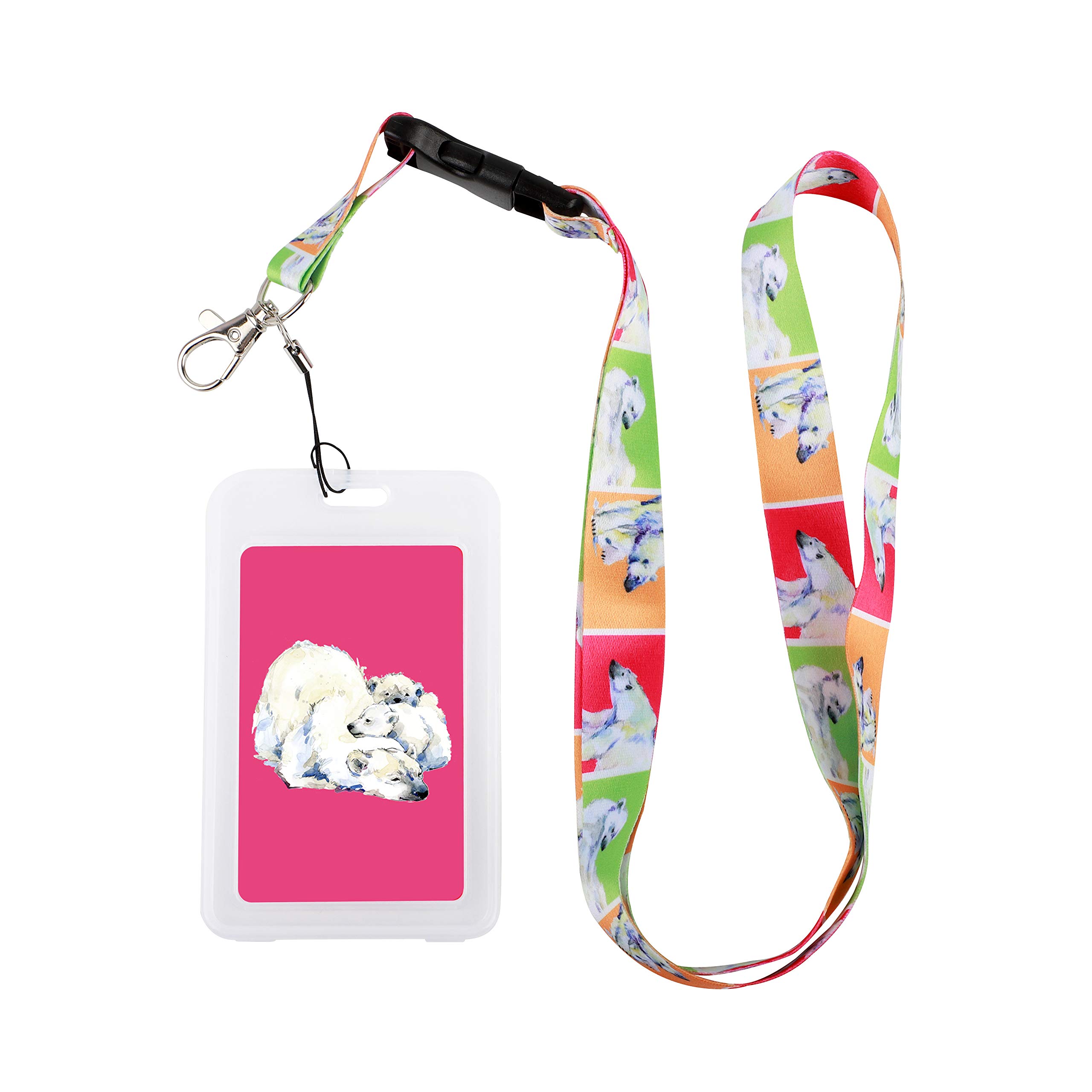 Printed Lanyard with Safe Removable Buckle & Spring Clip with PVC Plastic Business ID Badge Card Holder (Polar Bear)