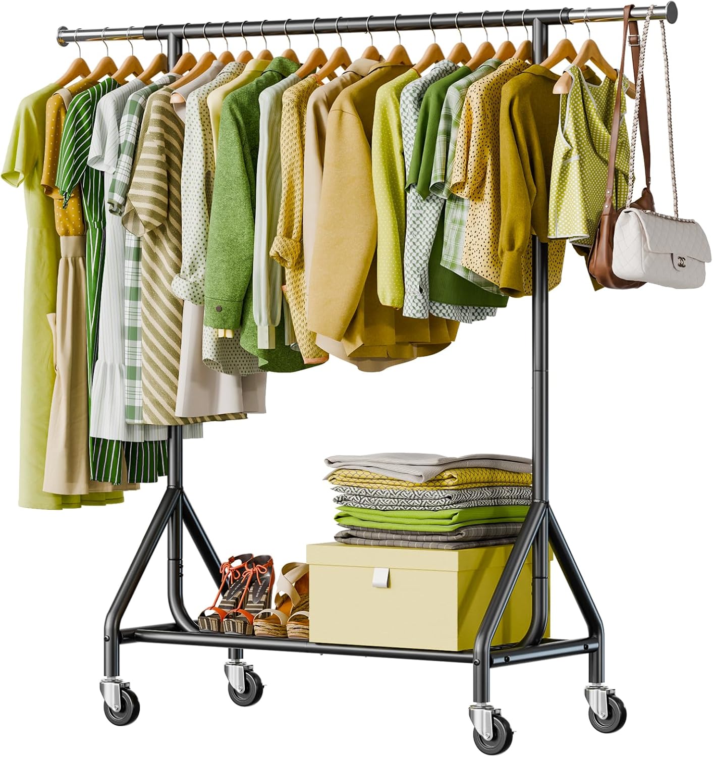 Clothes Rack Load 450 LBS, Heavy Duty Garment Rack, Standing Rolling Metal Hanging Clothes with Sturdy Wheels & Shelves, Black 1 Shelve Black