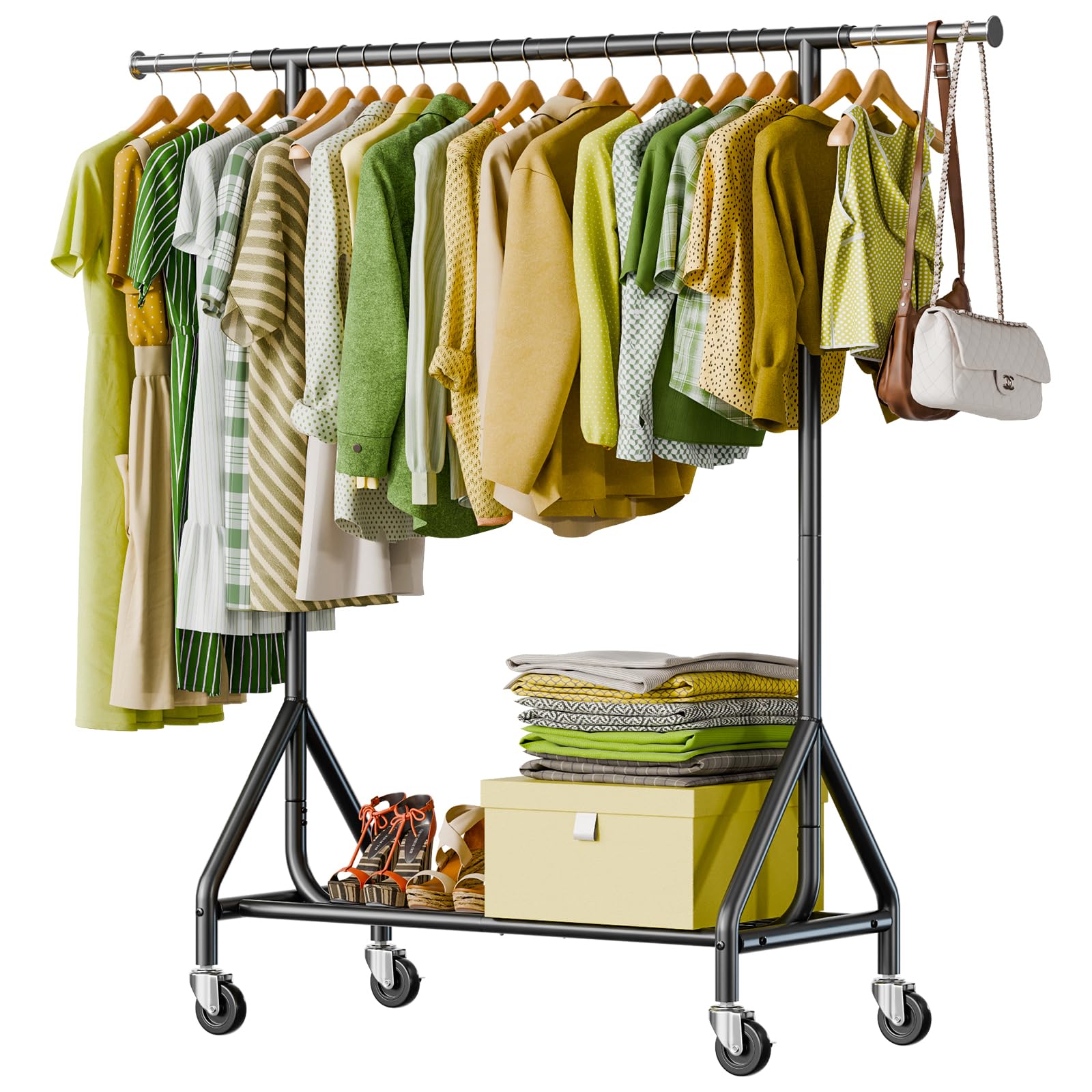 Clothes Rack Load 450 LBS Heavy Duty Garment Rack Standing Rolling Metal Hanging Clothes with Sturdy Wheels Shelves