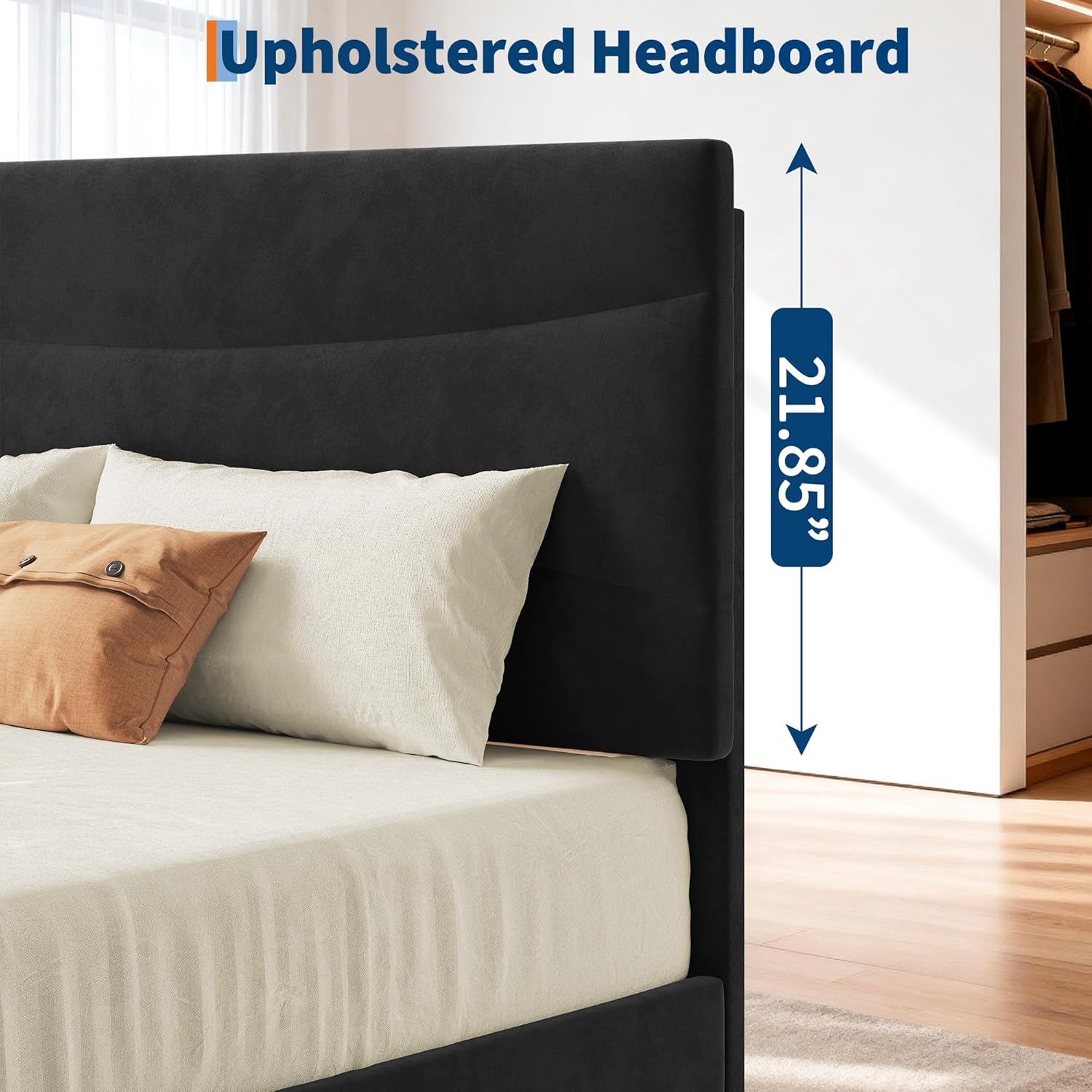 Garvee Twin XL Size Bed Frame with Headboard, Velvet Upholstered Platform Bed Frame No Box Spring Needed with Under-Bed Storage and Strong Wood Slats Support, Noise Free, Easy Assembly, Black