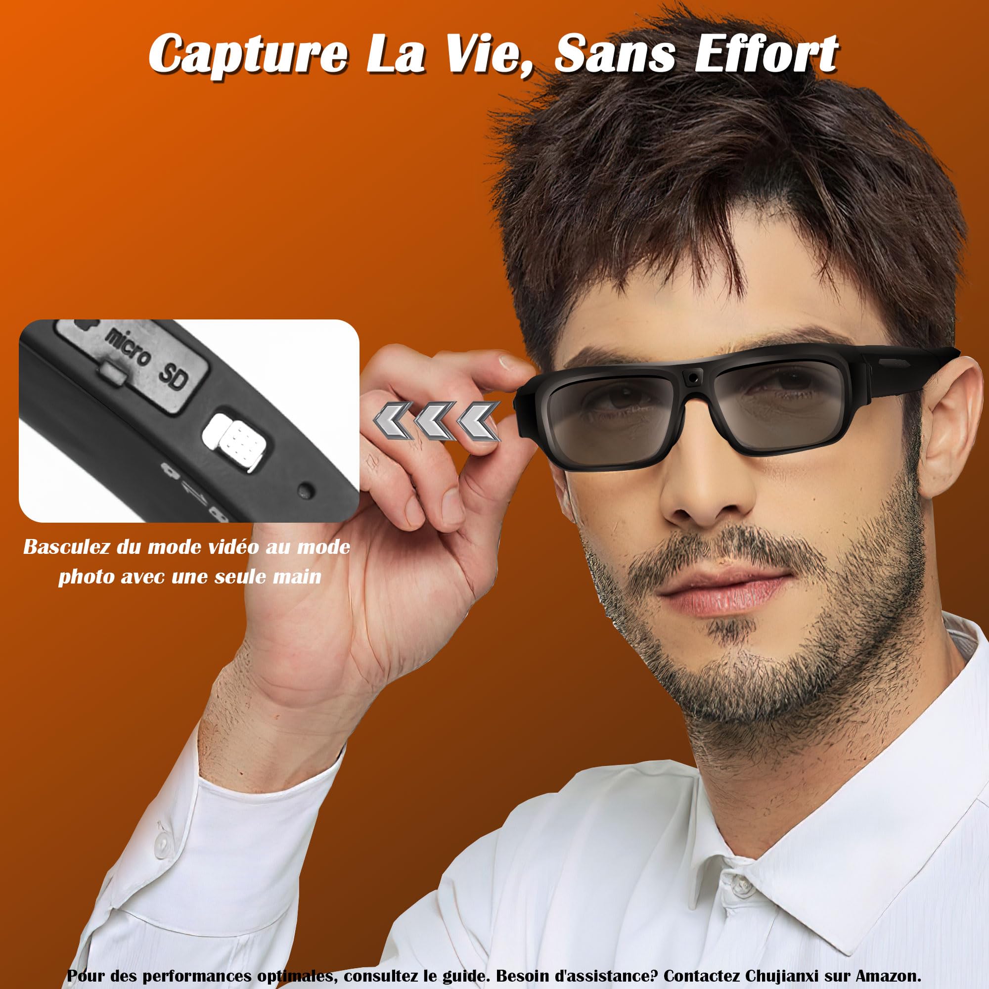 Lunettes avec Caméra 4K, Innovantes High-Tech Lunettes Camera de Sport pour l'extérieur, Lunettes de Soleil Vidéo avec Protection UV400, Support Photo/Vidéo, Opération à une Touche