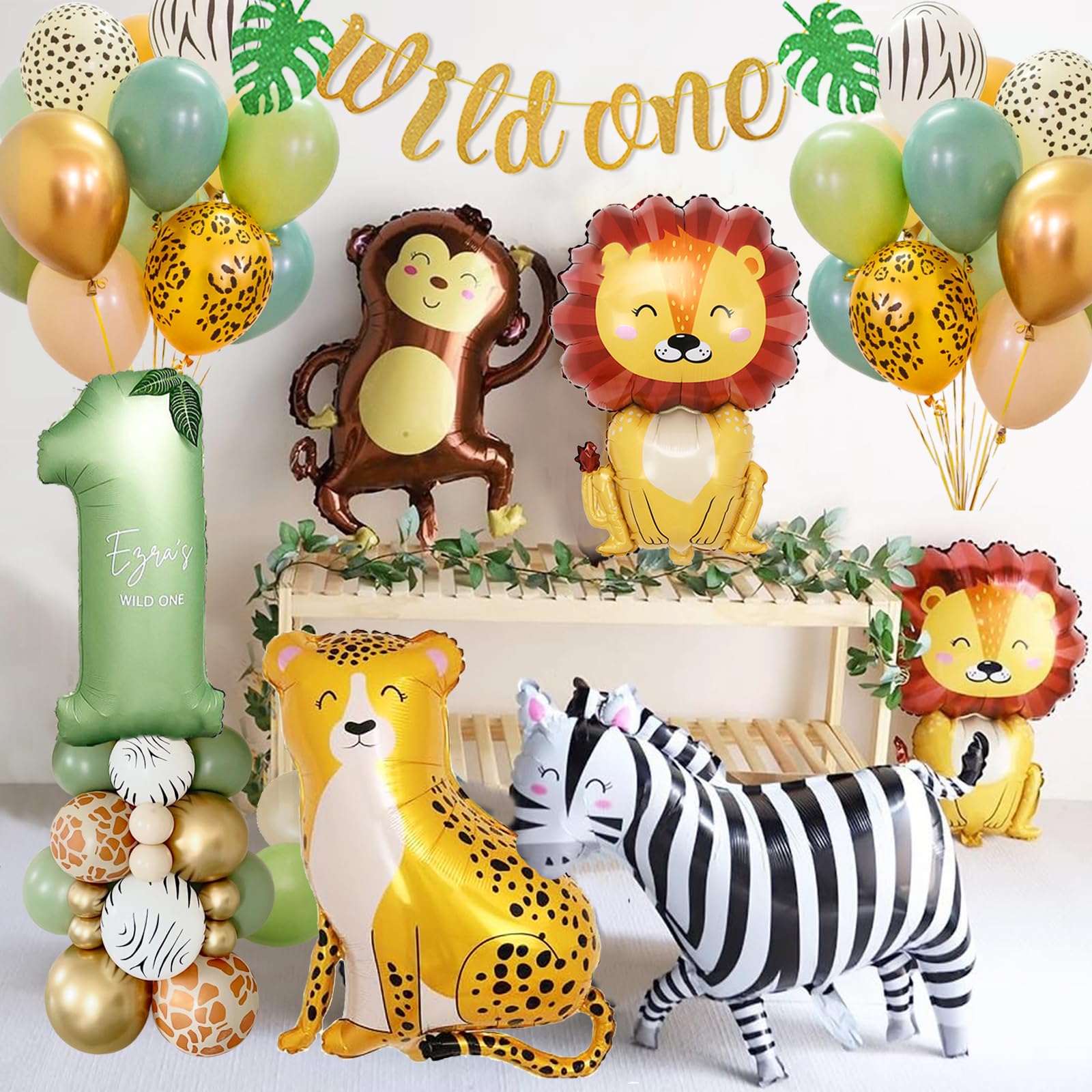 Wild One Decorazioni Compleanno 1 Anno, Palloncini Animali Giungla Compleanno 1 Anno Bimbo, Primo Bimbo, Kit Palloncini Giungla Compleanno Festa per Ragazzi Ragazza.