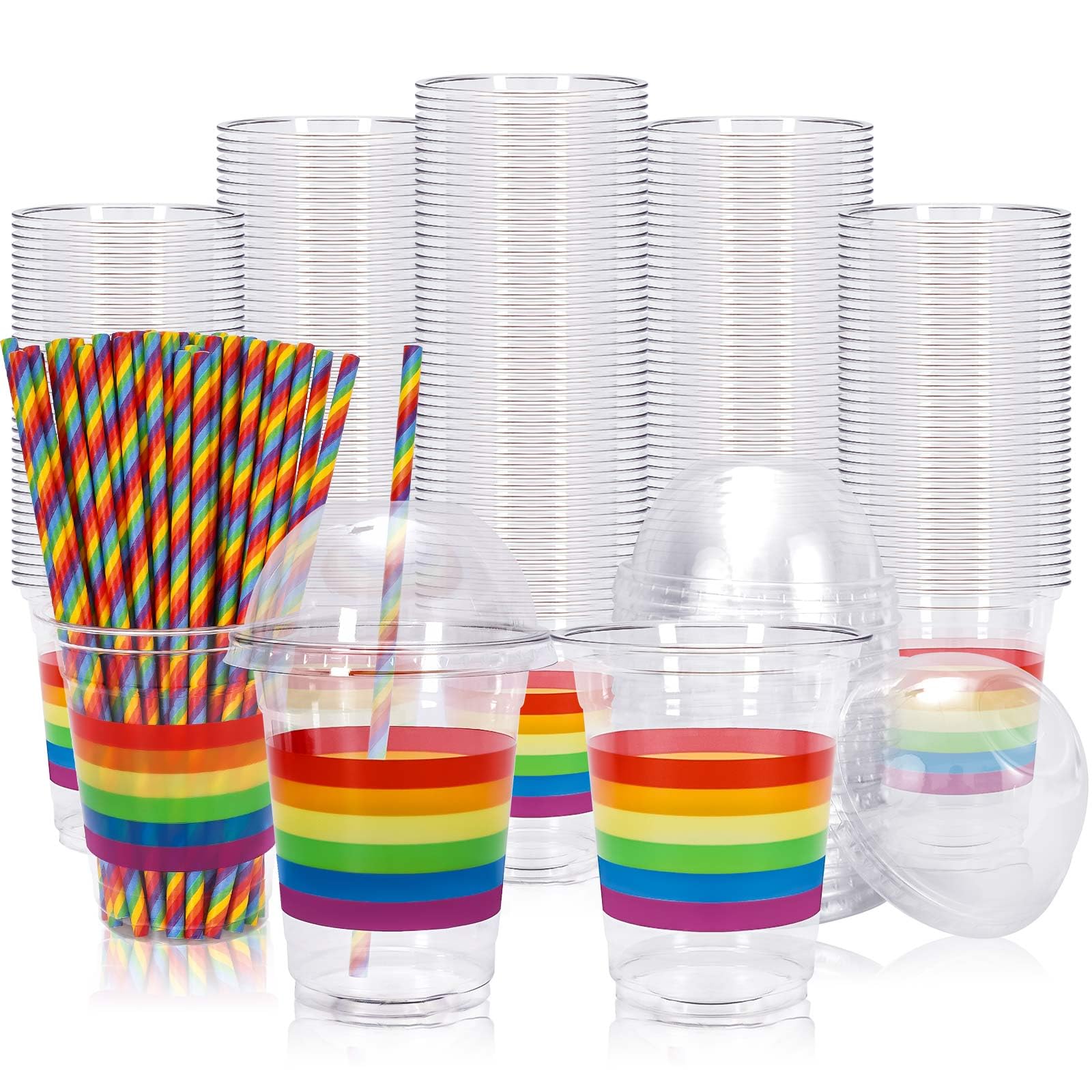 Whaline 50 Pack 12oz LGBTQ Disposable Cups with Dome Lids Straws Rainbow Plastic Glasses Cups Covers Paper Straws for Gay Pride Day Drinks Party