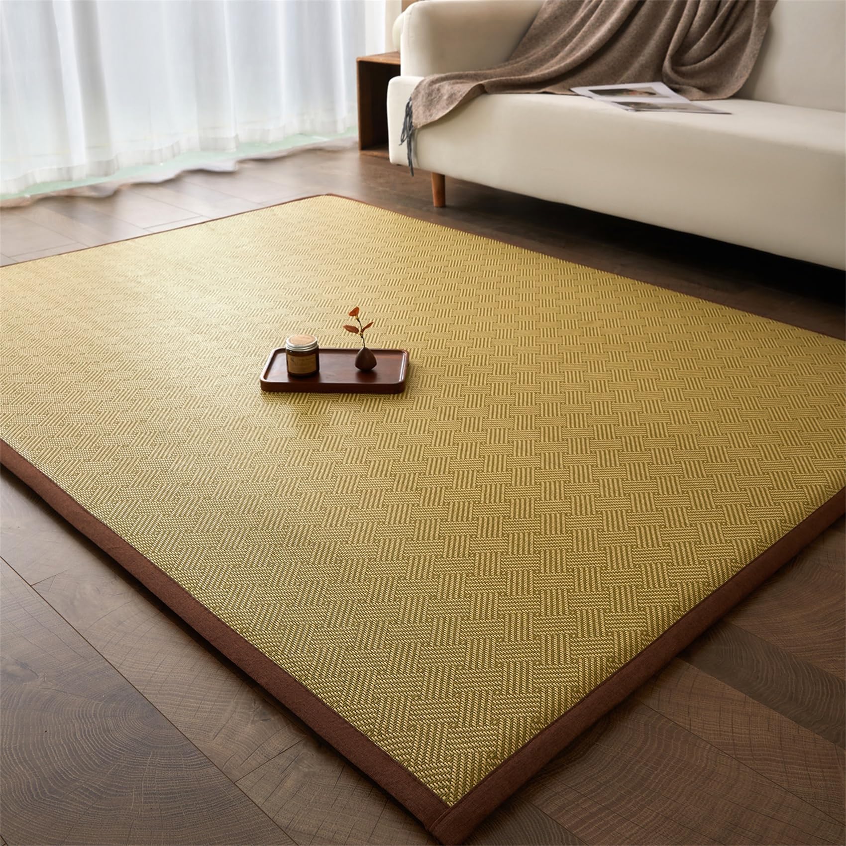 GUOIOOI Foldable Floor Mattress,Japanese Tatami Mat Portable Non-Slip Cooling Traditional Natural Rattan Woven Mat for Office Nap, Dorm Room, Picnic, Yoga, Car Travel, Adults(Green,79x118in)