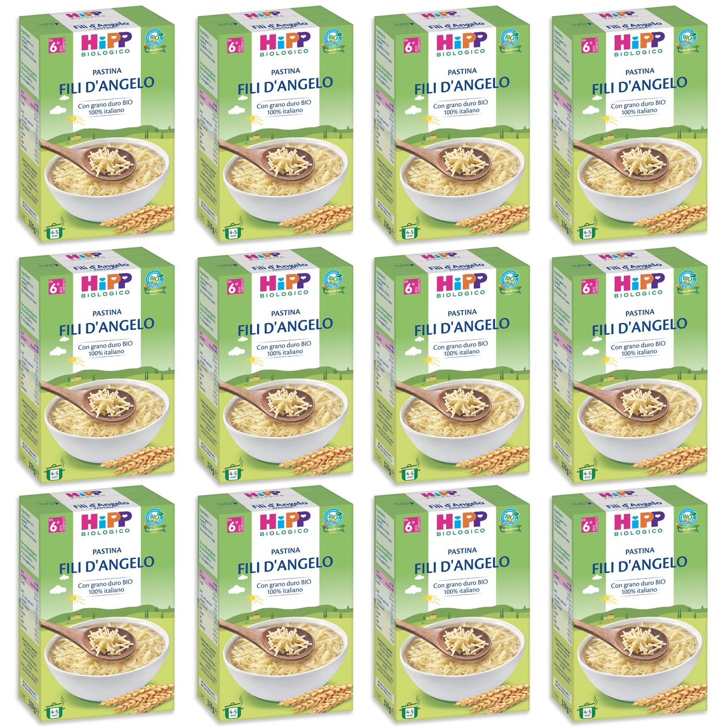 HiPP - Pastina per Svezzamento a Forma di Fili d'Angelo, con Grano Duro Biologico 100% Italiano, 12 Confezioni 320 gr