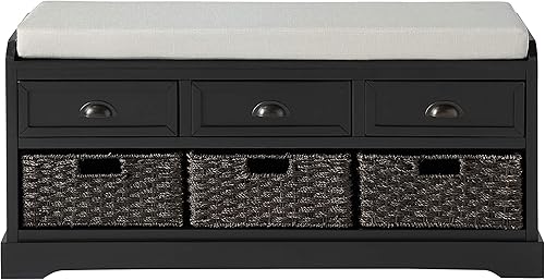 Miniatura 4 de SOFTSEA - Banco organizador de almacenamiento con 3 cajones, 3 canastas de ratán y cojín extraíble, para entrada, pasillo, sala de estar (negro)