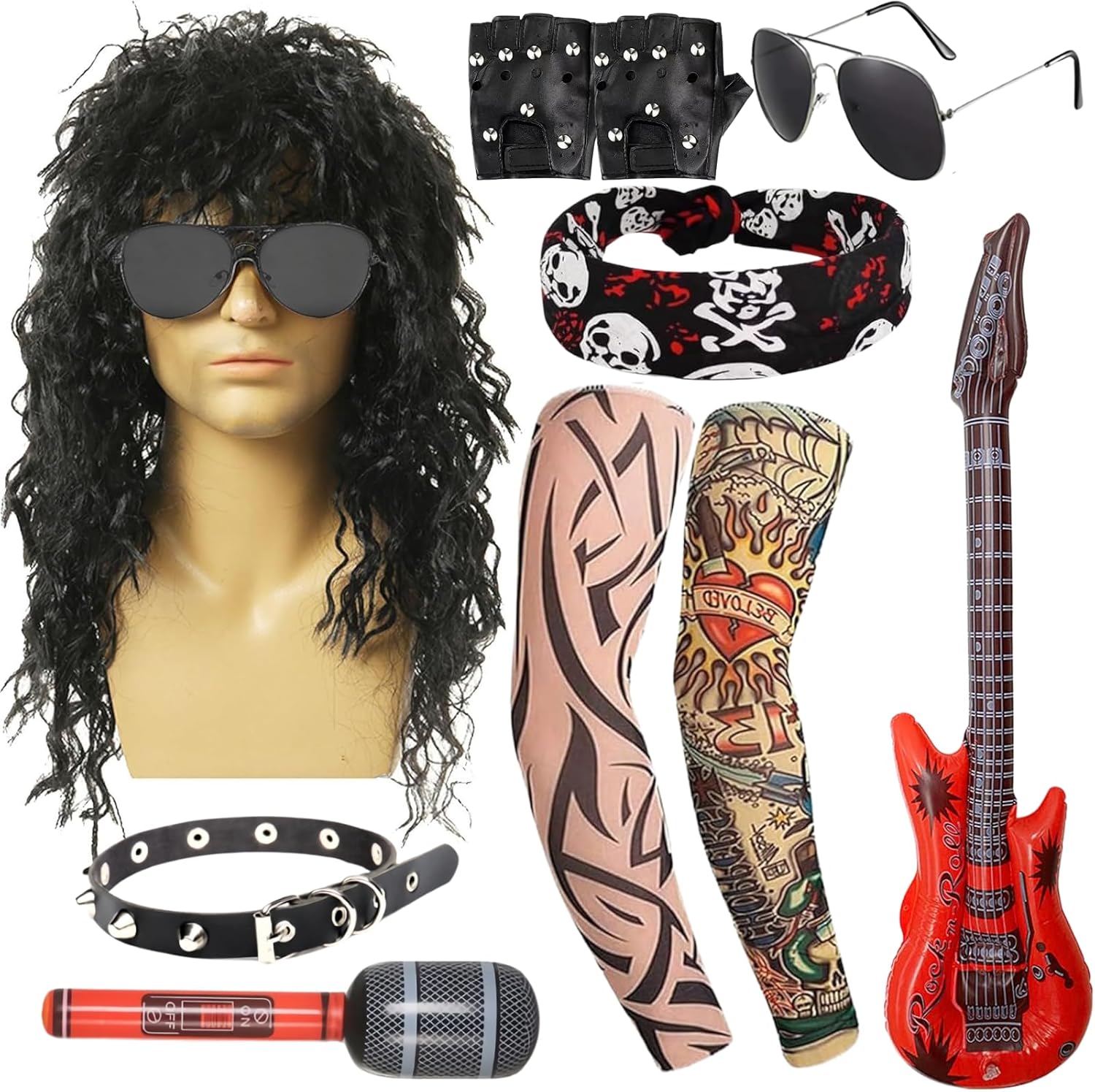 80s 90s Rocker Costume Wig, 10pcs Punk Costume Rockstar Accessories with Wig Sunglasses Sleeves Bracelet Props Glove Black