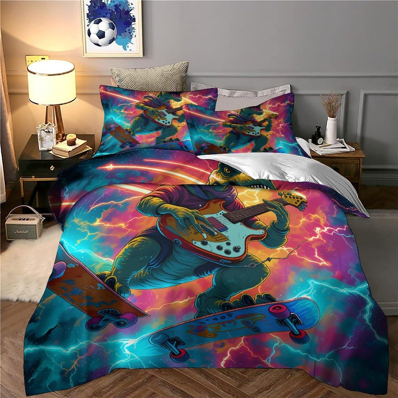 Housse de Couette 3D Dinosaure Néon Ado Chambre Cadeau