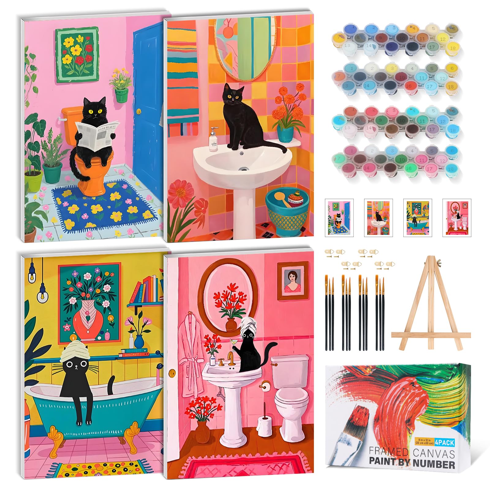 GEEHEIY 4 Pack Framed Paint by Numbers Kit for Adults Beginner with Wooden Easel, Black Cat Easy Adult Paint by Number Kits on Canvas Framed, Funny