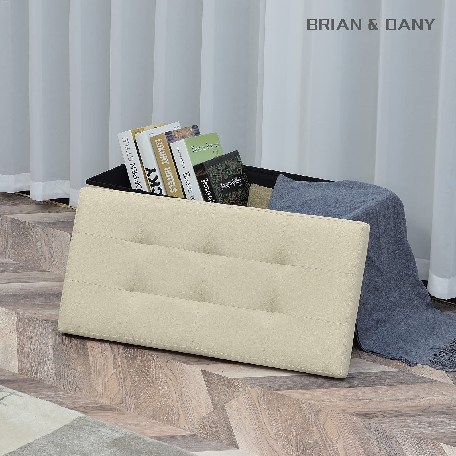 BRIAN & DANY Baúl Puff Taburete Plegable de Almacenamiento otomano, Taburete de Lino, reposapiés Plegable para Asiento - Beige, 76 x 38 x 38 cm